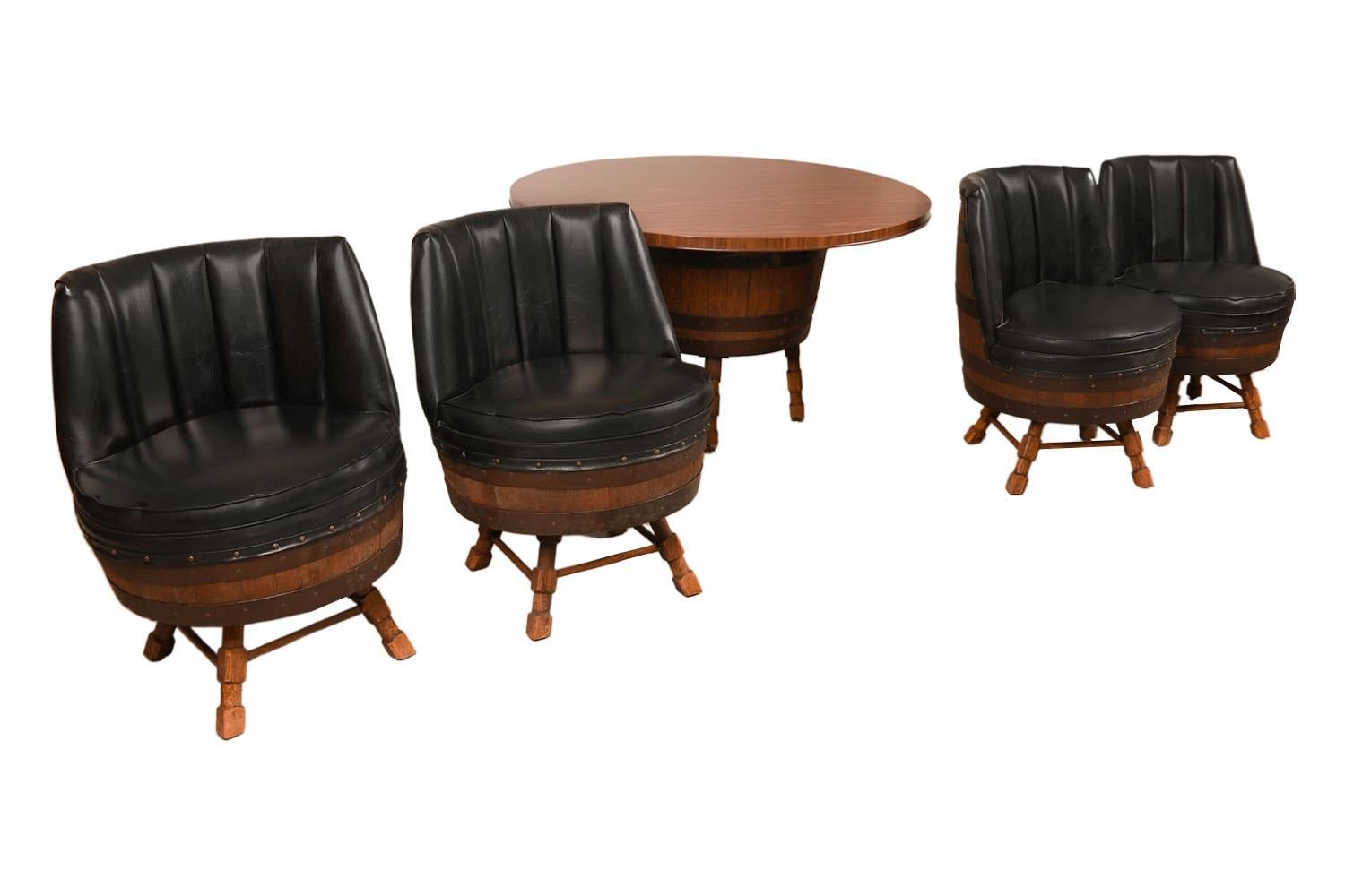 Vintage Whiskey Barrel Dining Set Table Swivel Chairs  In Good Condition For Sale In Baltimore, MD