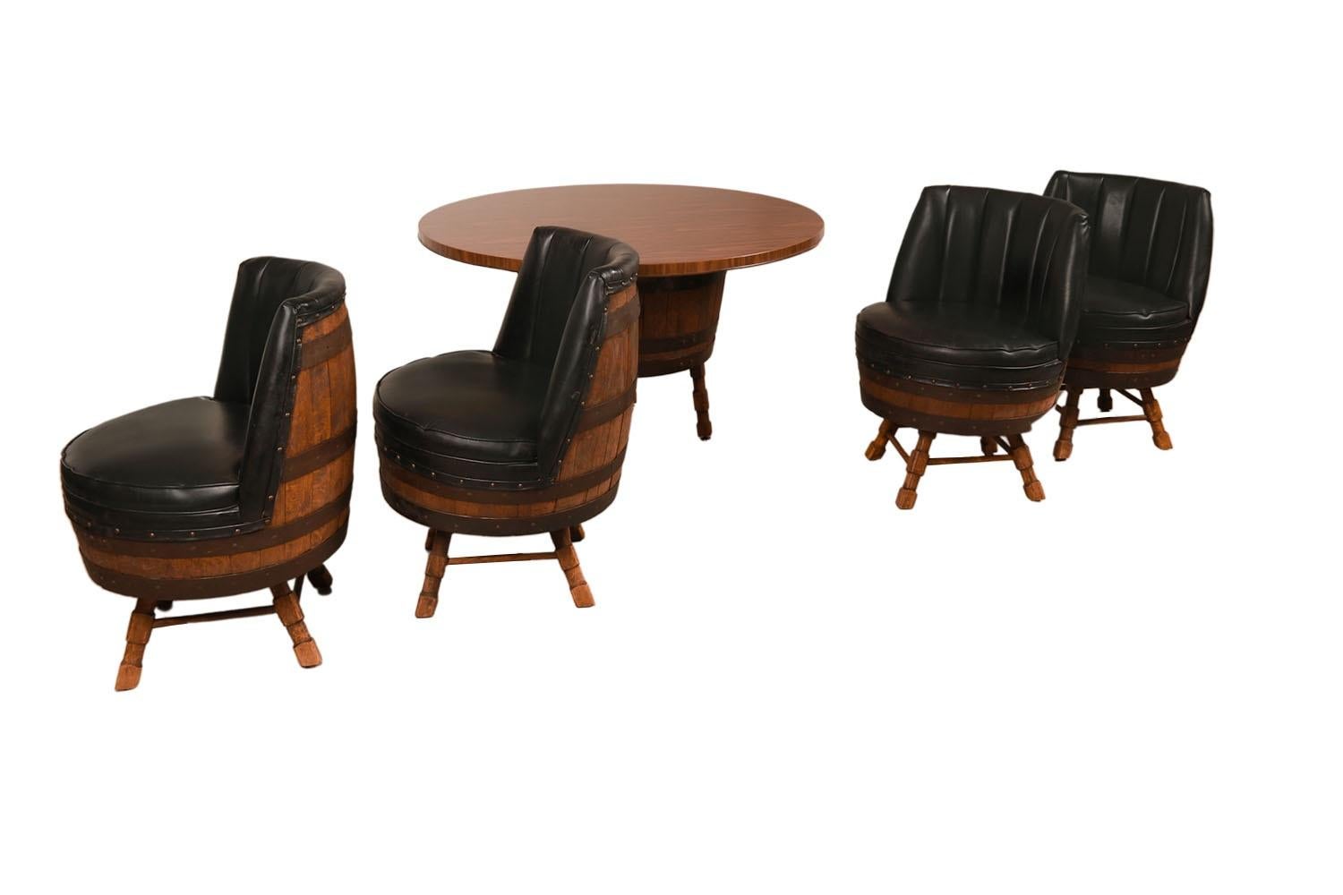 20th Century Vintage Whiskey Barrel Dining Set Table Swivel Chairs  For Sale