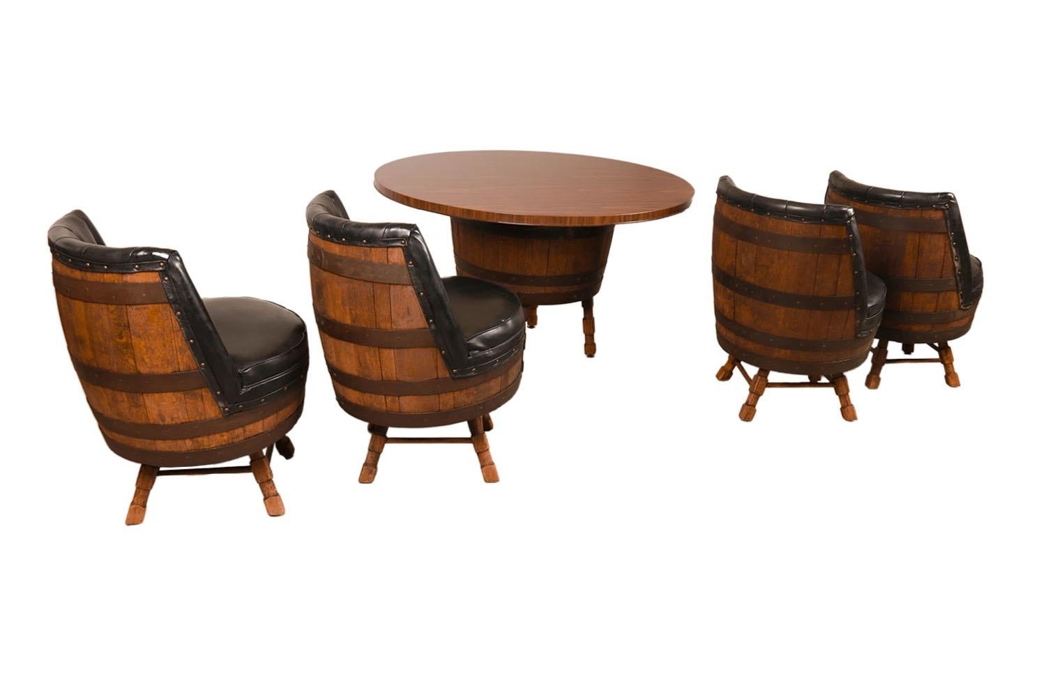 Wood Vintage Whiskey Barrel Dining Set Table Swivel Chairs  For Sale