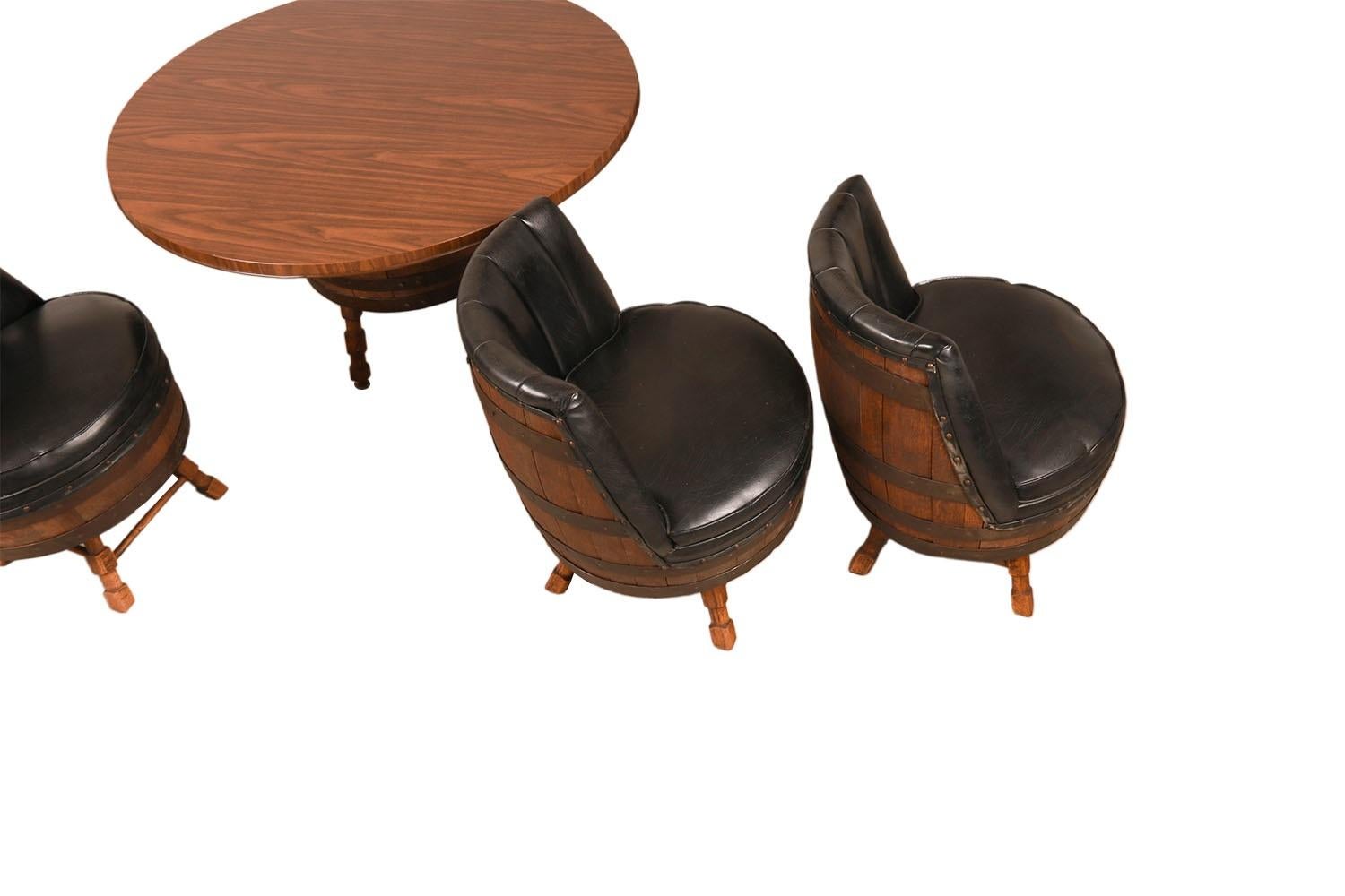 Vintage Whiskey Barrel Dining Set Table Swivel Chairs  For Sale 1