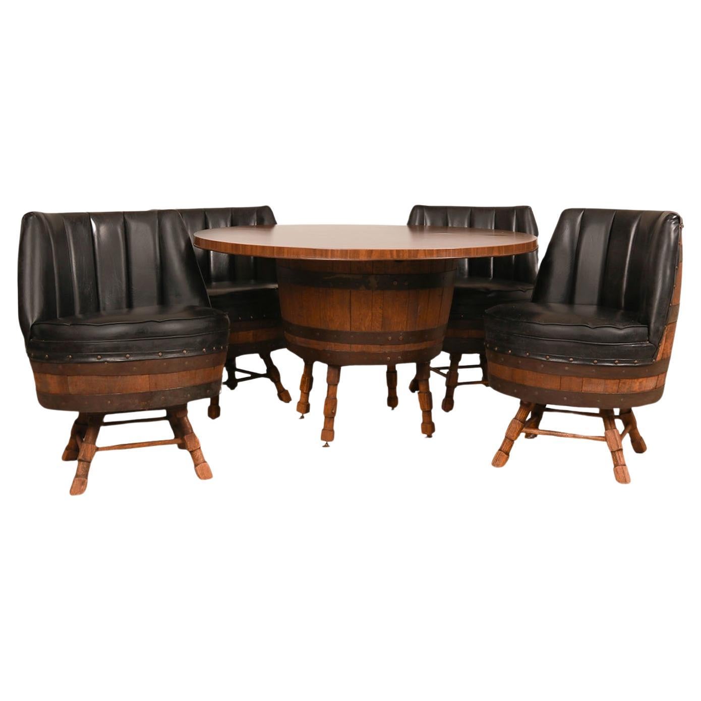 Vintage Whiskey Barrel Dining Set Table Swivel Chairs 