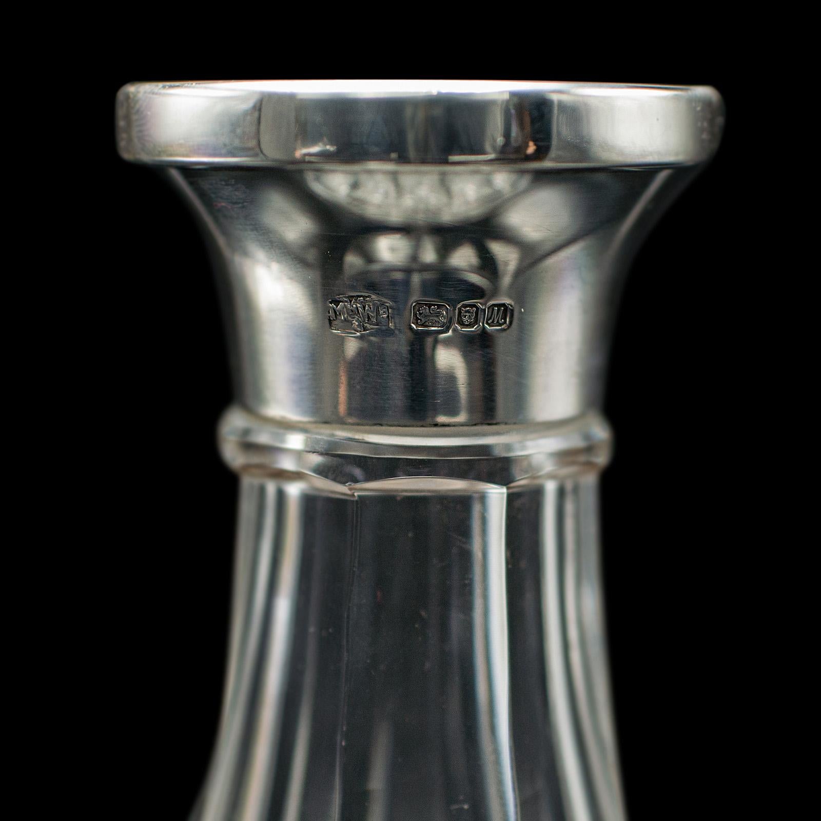 Vintage Whiskey Decanter, English, Cut Glass, Silver, Spirit Vessel, Hallmarked For Sale 5