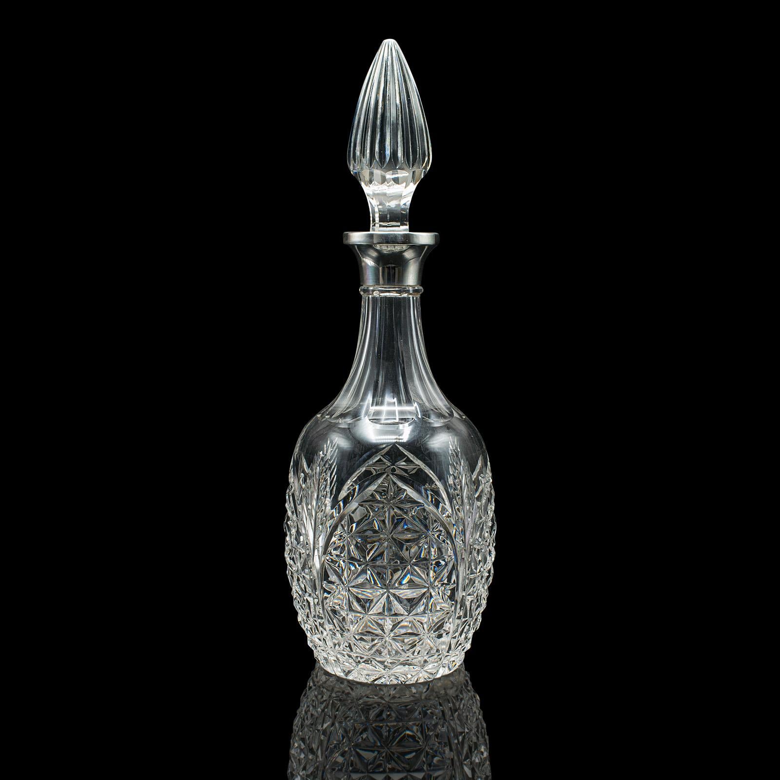 Mid-Century Modern Vintage Whiskey Decanter, English, Cut Glass, Silver, Spirit Vessel, Hallmarked For Sale