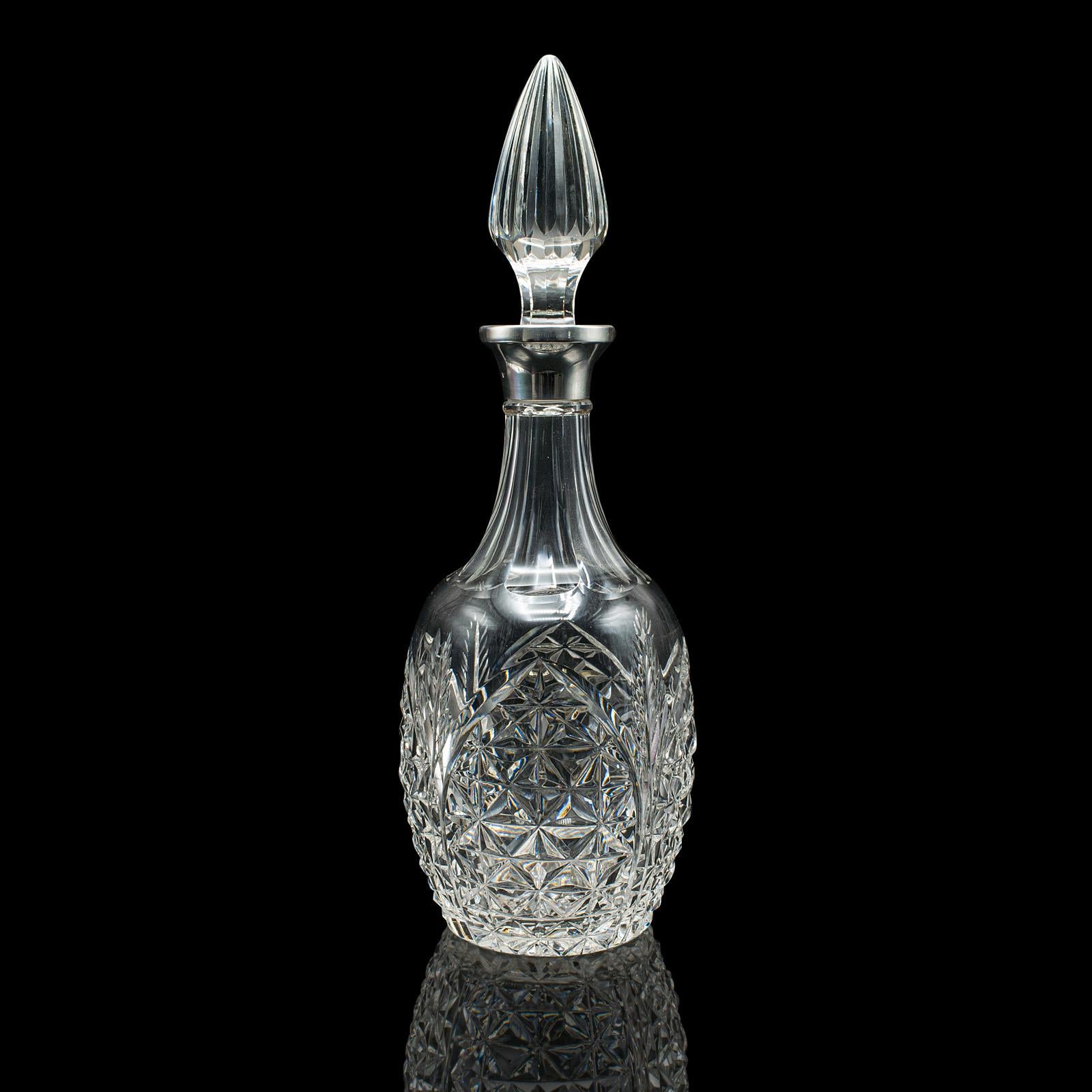 British Vintage Whiskey Decanter, English, Cut Glass, Silver, Spirit Vessel, Hallmarked For Sale