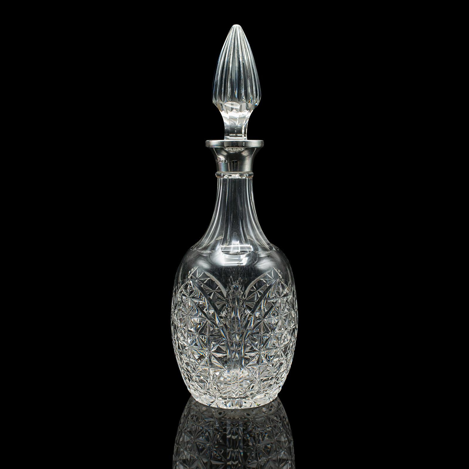Vintage Whiskey Decanter, English, Cut Glass, Silver, Spirit Vessel, Hallmarked In Good Condition For Sale In Hele, Devon, GB