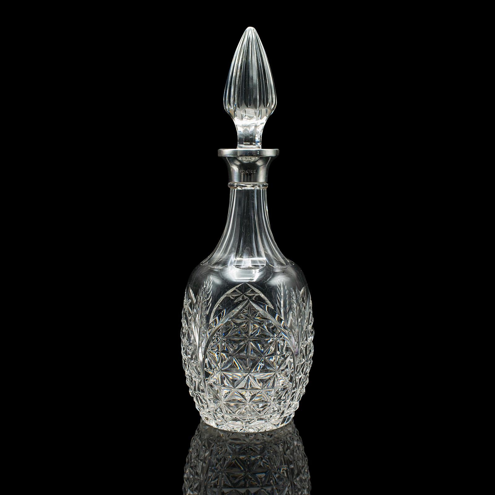 20th Century Vintage Whiskey Decanter, English, Cut Glass, Silver, Spirit Vessel, Hallmarked For Sale