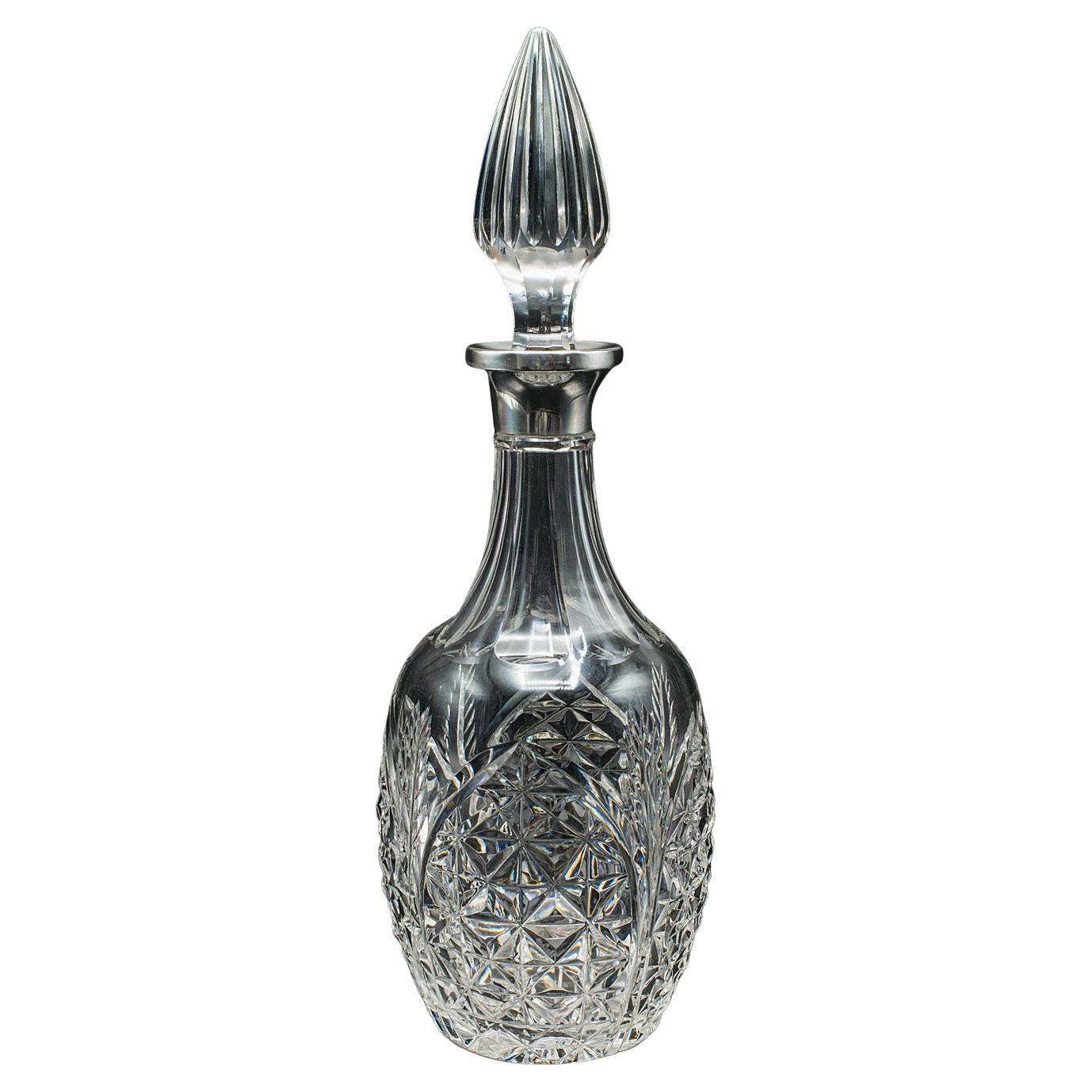 Decantador de whisky vintage, inglés, cristal tallado, plata, recipiente para licores, Hallmarked