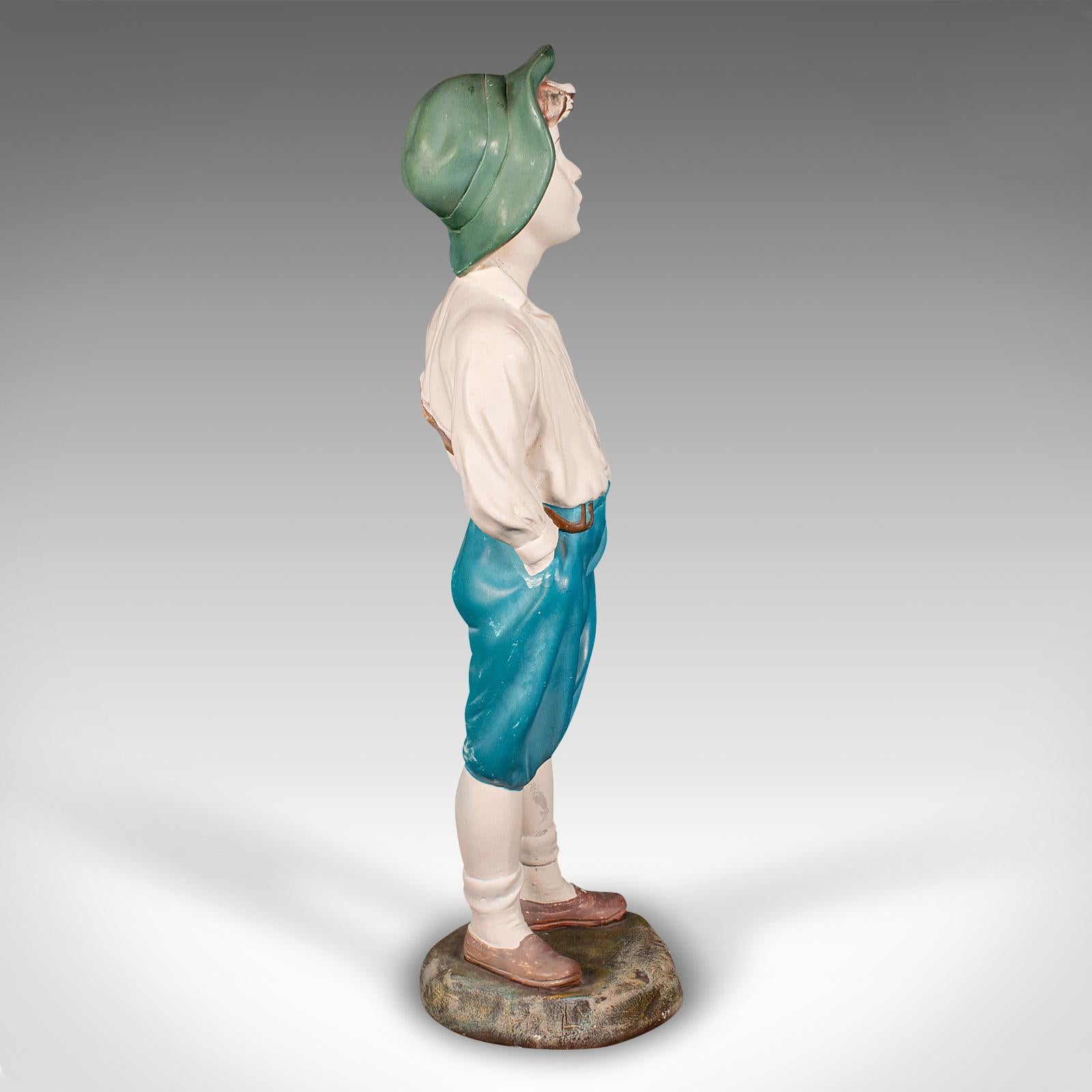 British Vintage Whistling Boy Figure, English, Plaster Decor, Display Statue, Art Deco For Sale