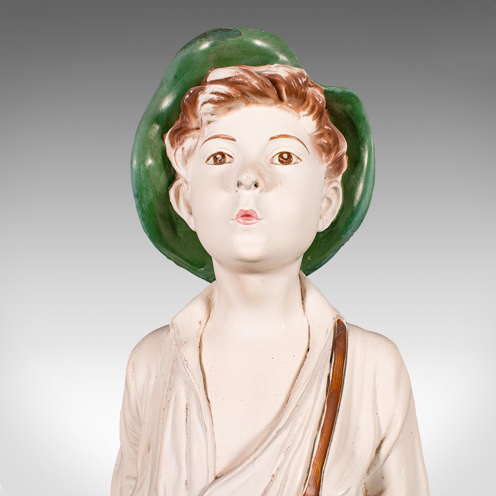 20ième siècle Vintage Whistling Boy Figure, English, Plaster Decor, Display Statue, Art Deco en vente