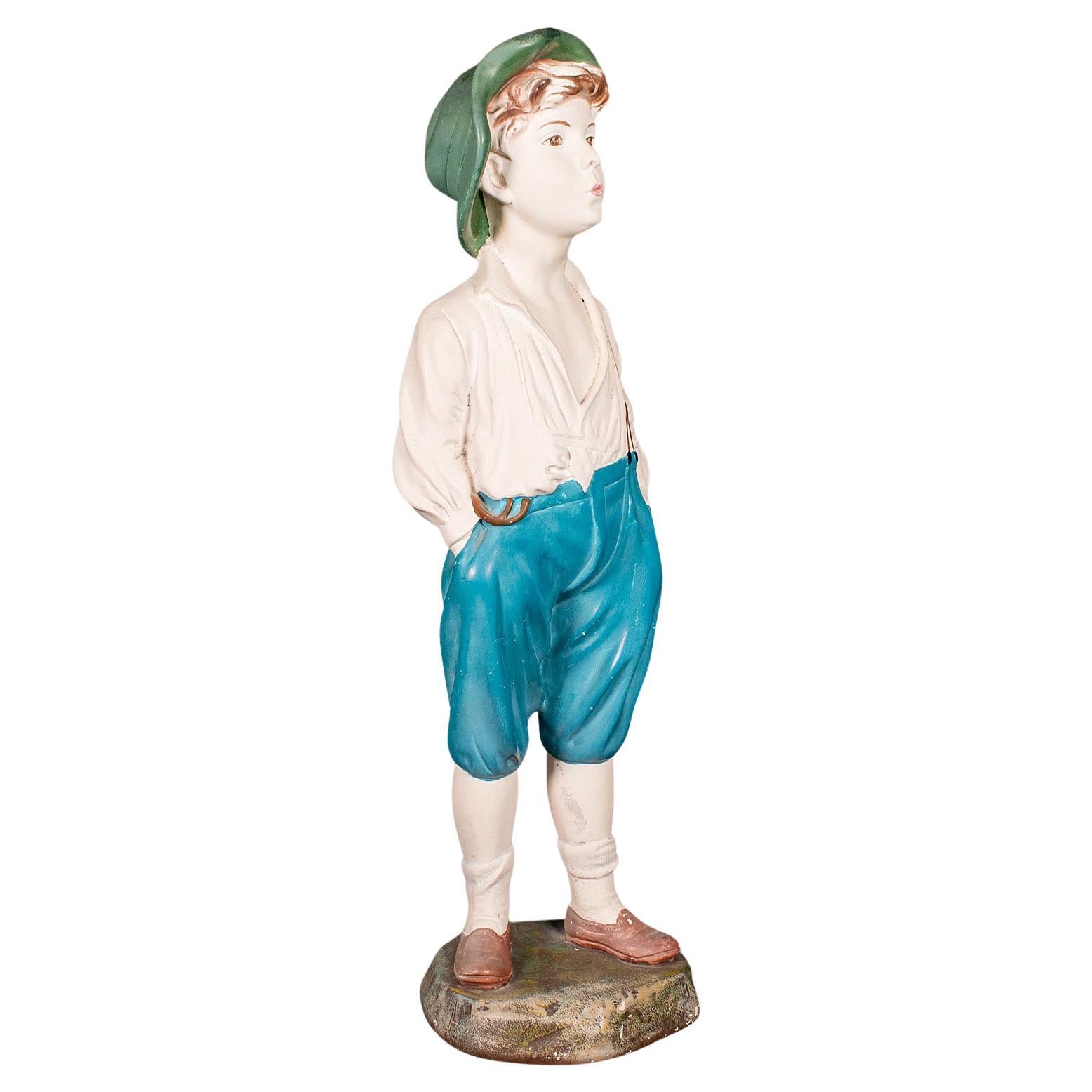Vintage Whistling Boy Figure, English, Plaster Decor, Display Statue, Art Deco en vente