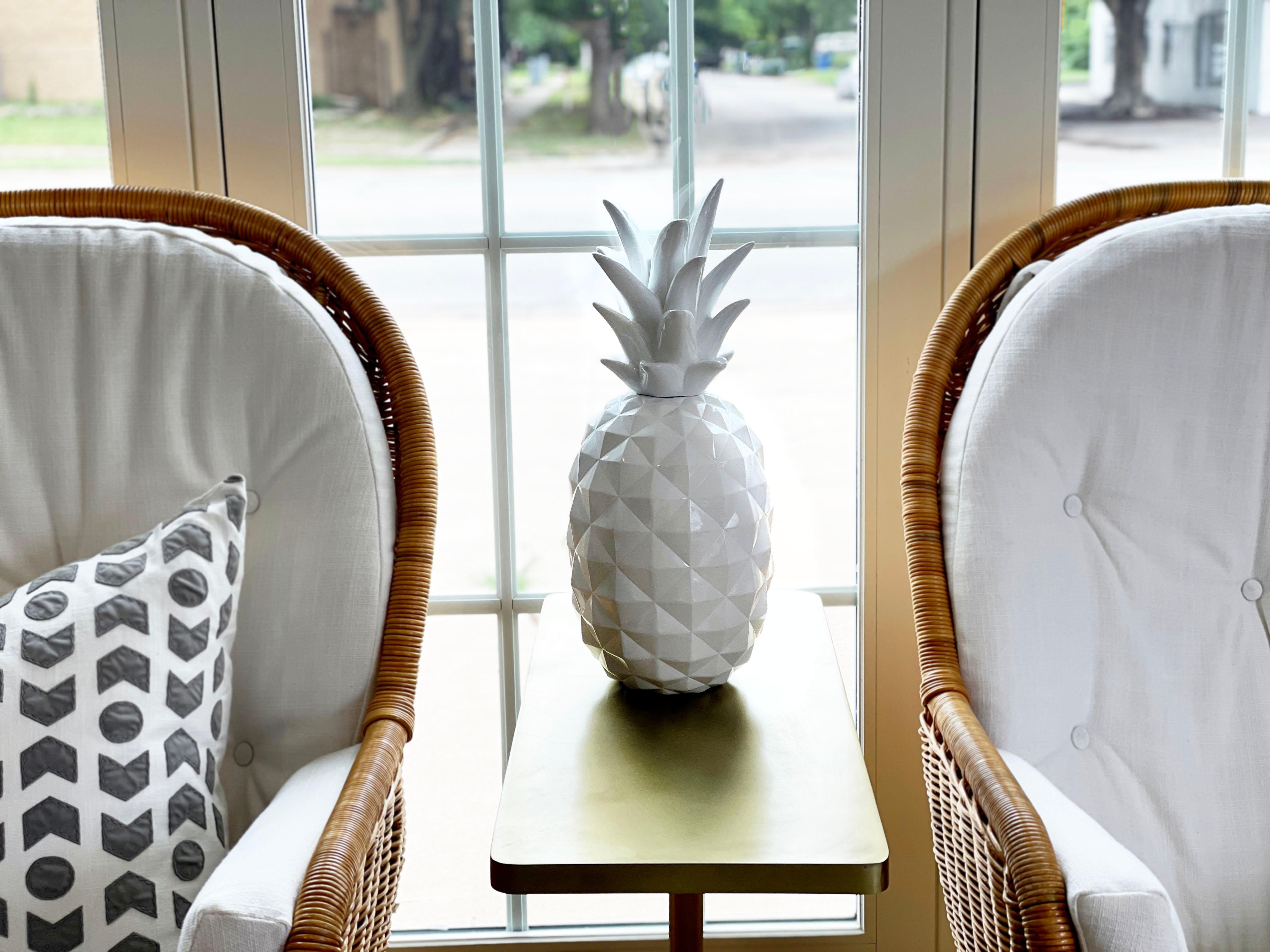 Fun and fresh white acrylic pineapple. This vintage piece has a larger scale.