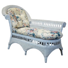 Used White American Wicker Rattan Chaise Lounge Chair Rolled Arm Boho Chic