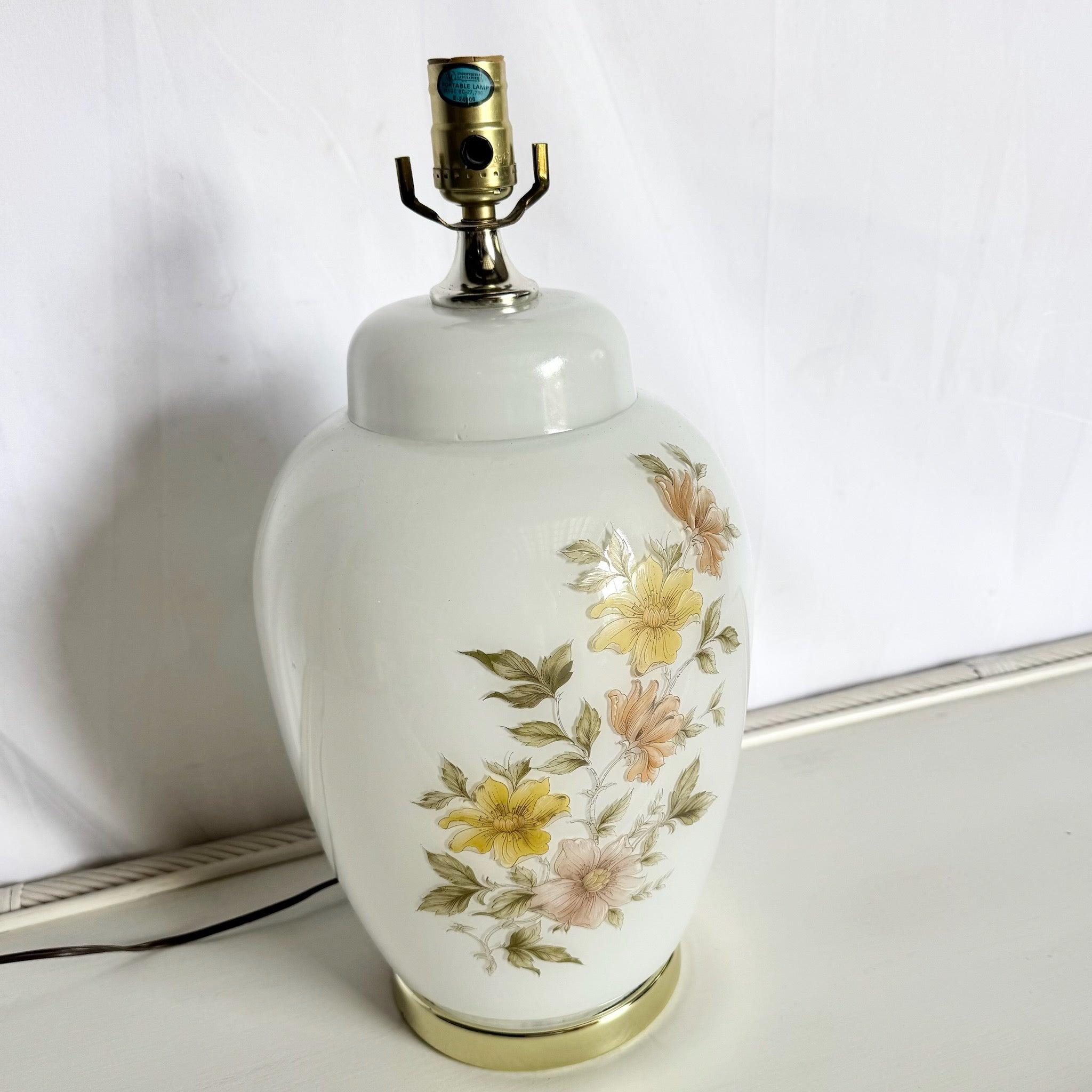 Chinese Vintage White and Glass Table Lamp on Gold Base With Hand Painted Flowers For Sale