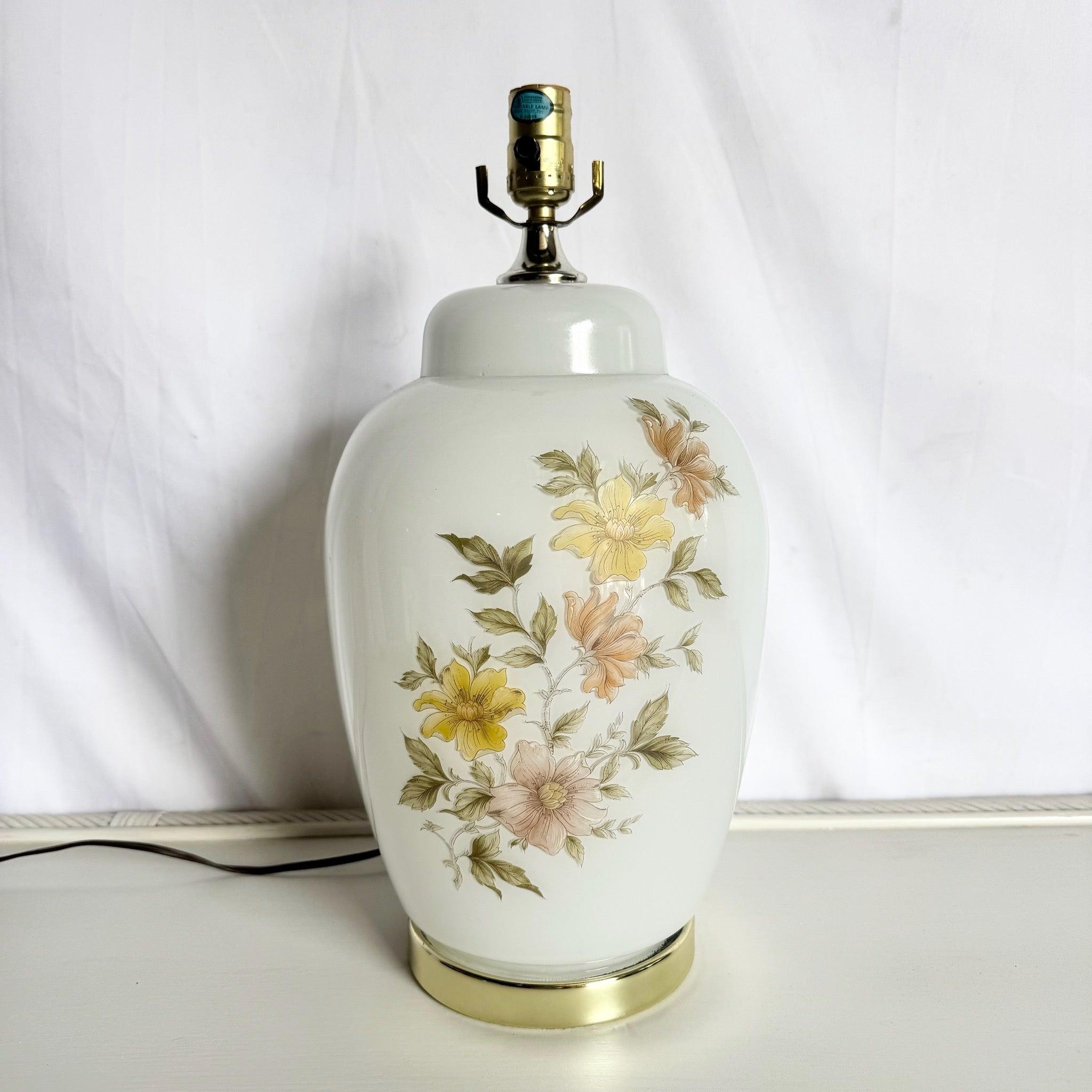 Vintage White and Glass Table Lamp on Gold Base With Hand Painted Flowers For Sale