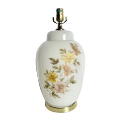 Vintage White and Glass Table Lamp on Gold Base With Hand Painted Flowers