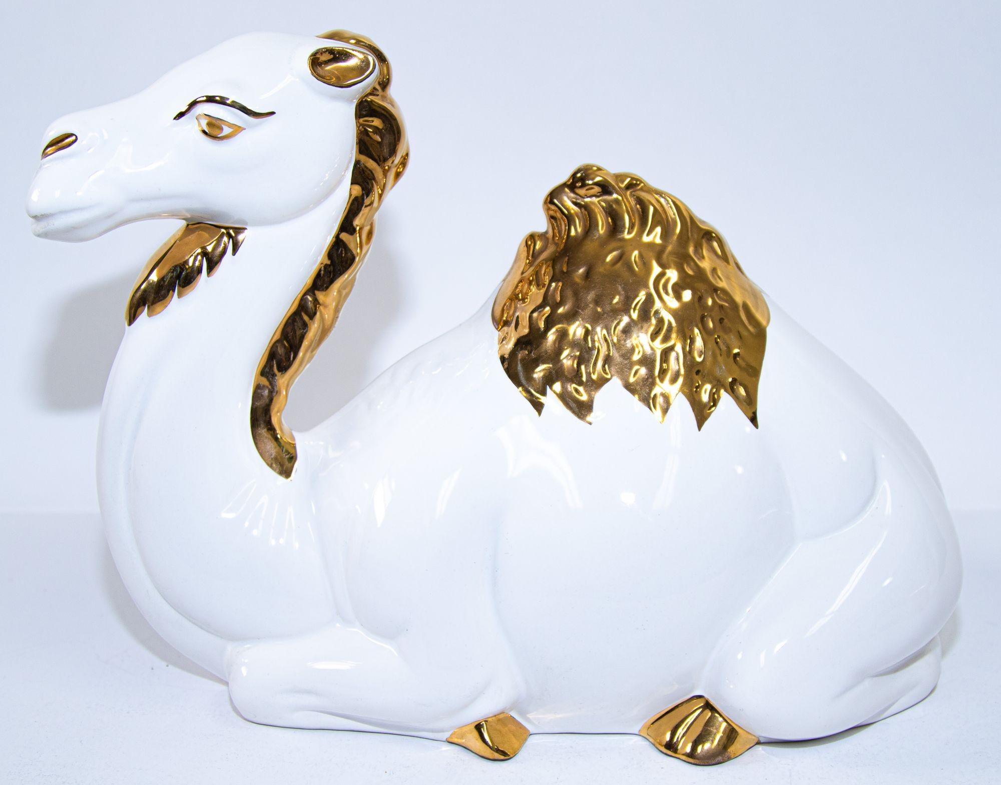 Spanish Vintage White and Gold Ceramic Camel Sculpture