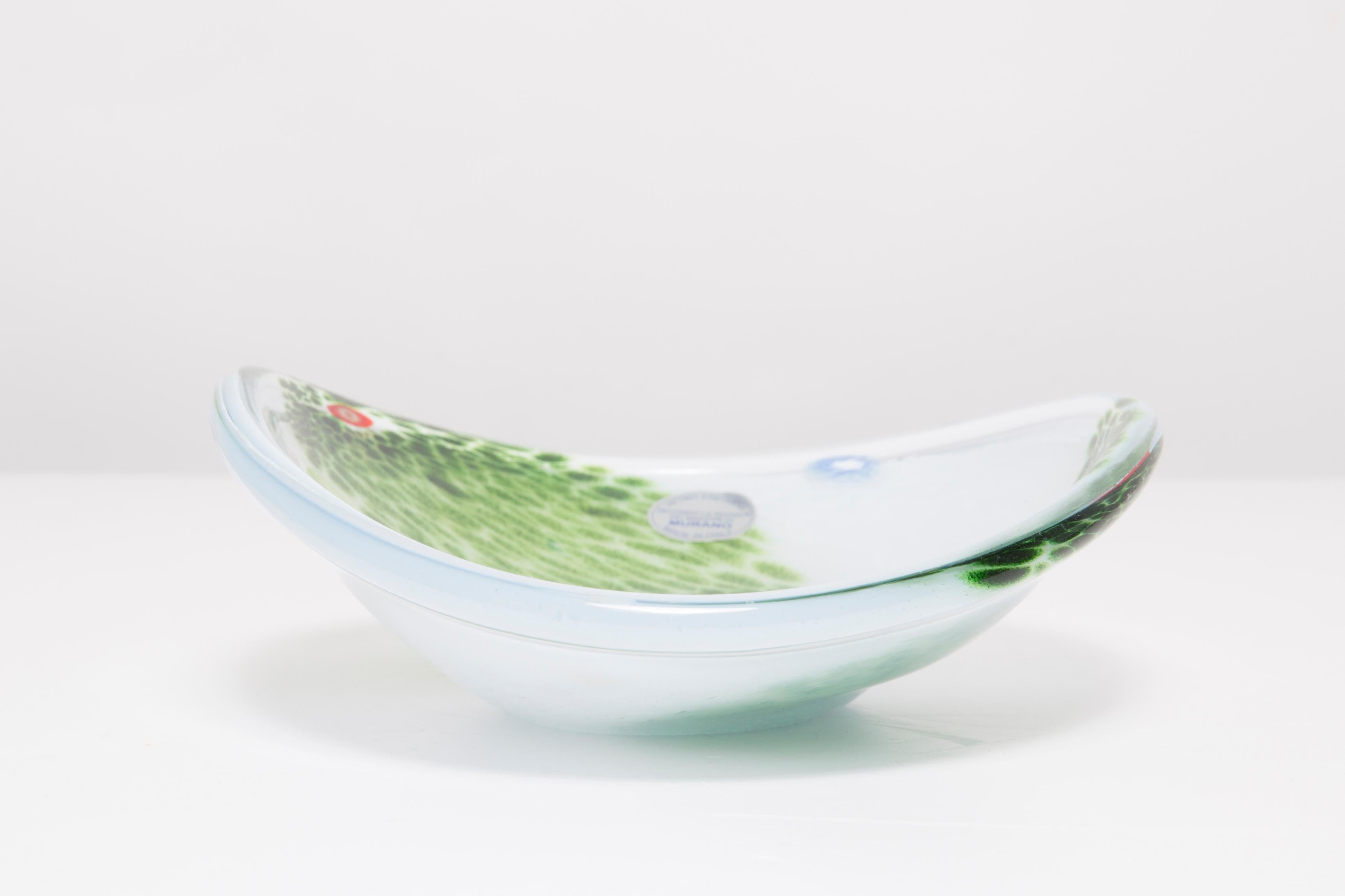 Vintage White and Green Decorative Murano Glass Plate, Italy, 1960s 6