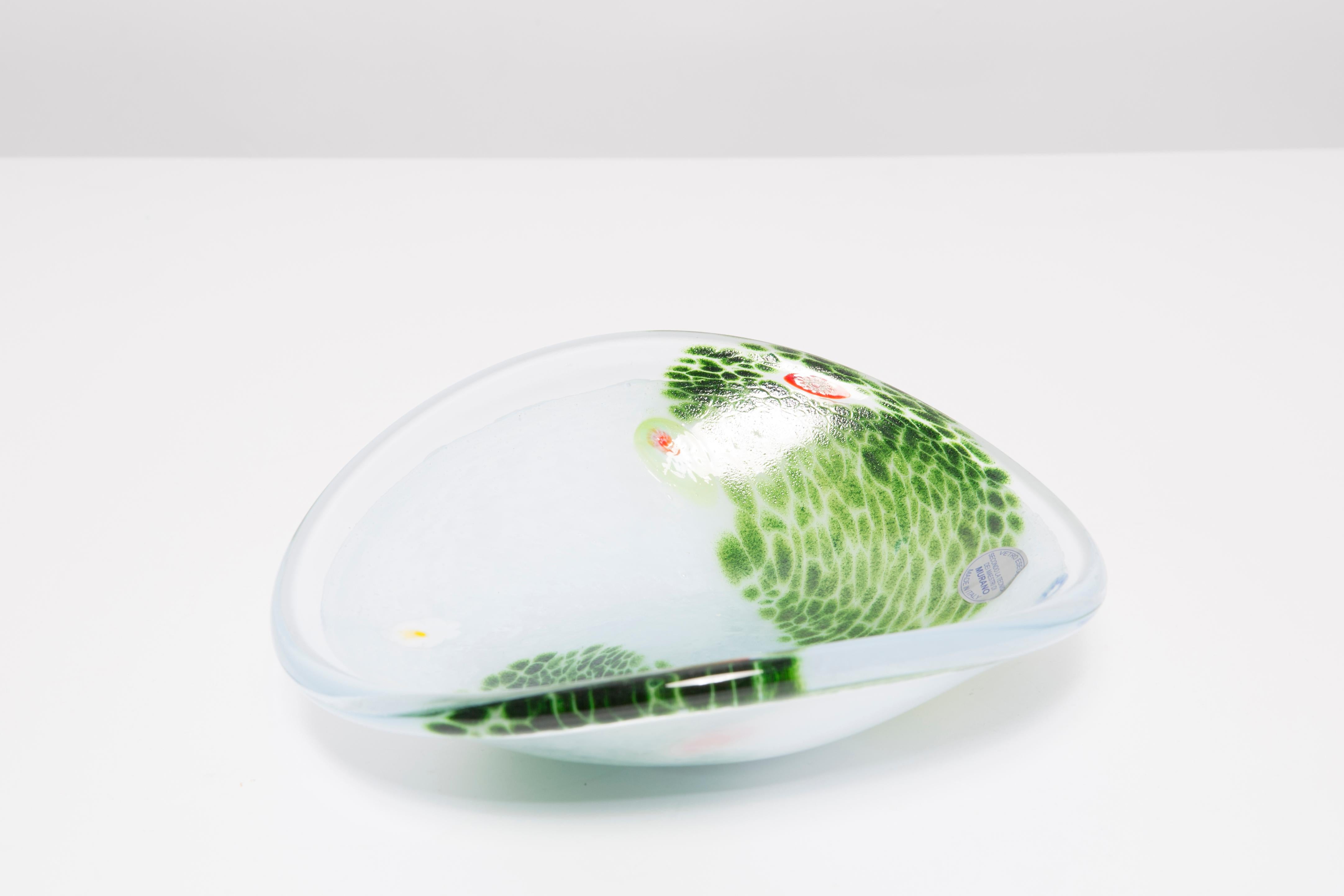 Vintage White and Green Decorative Murano Glass Plate, Italy, 1960s In Excellent Condition In 05-080 Hornowek, PL