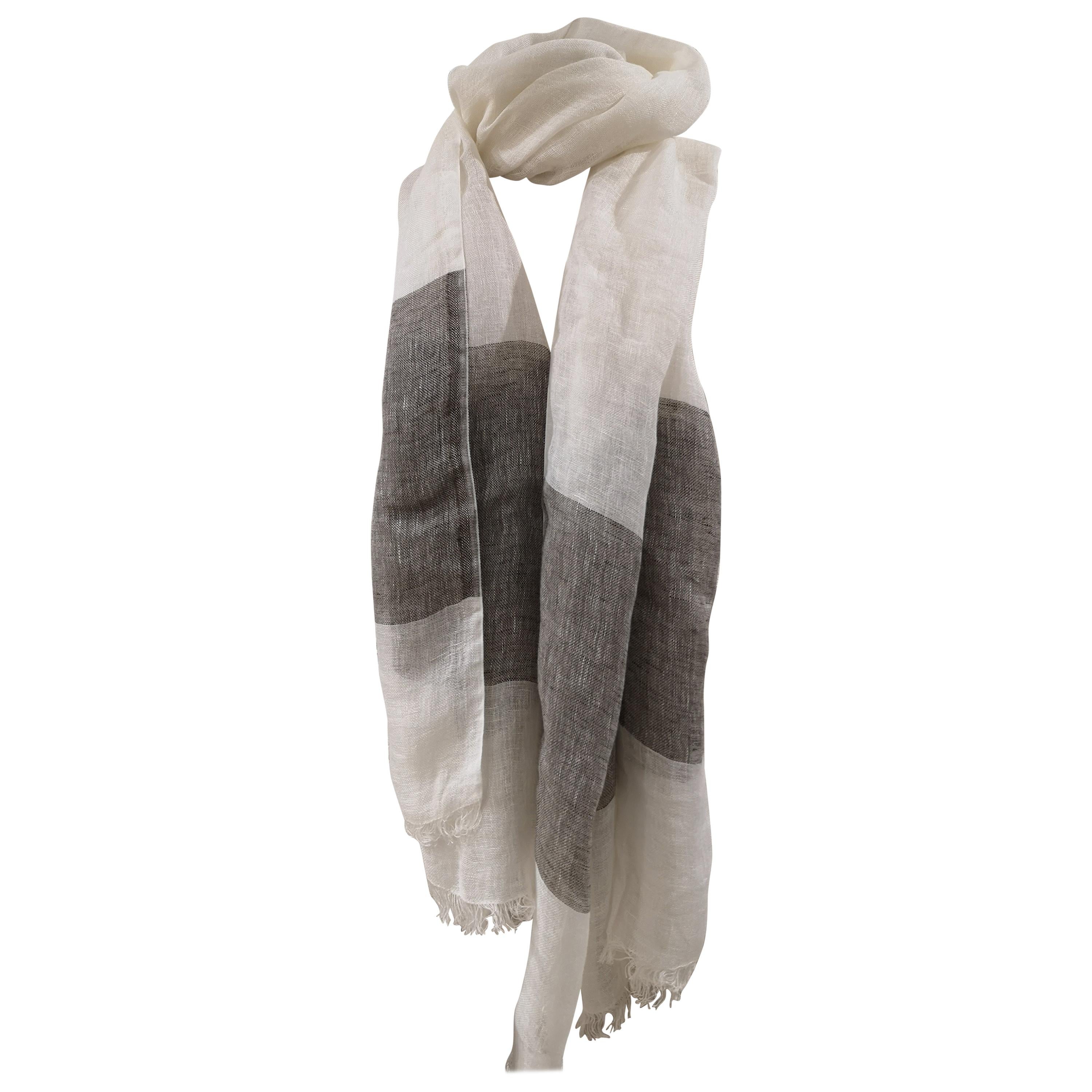 Vintage white and grey linen scarf - foulard