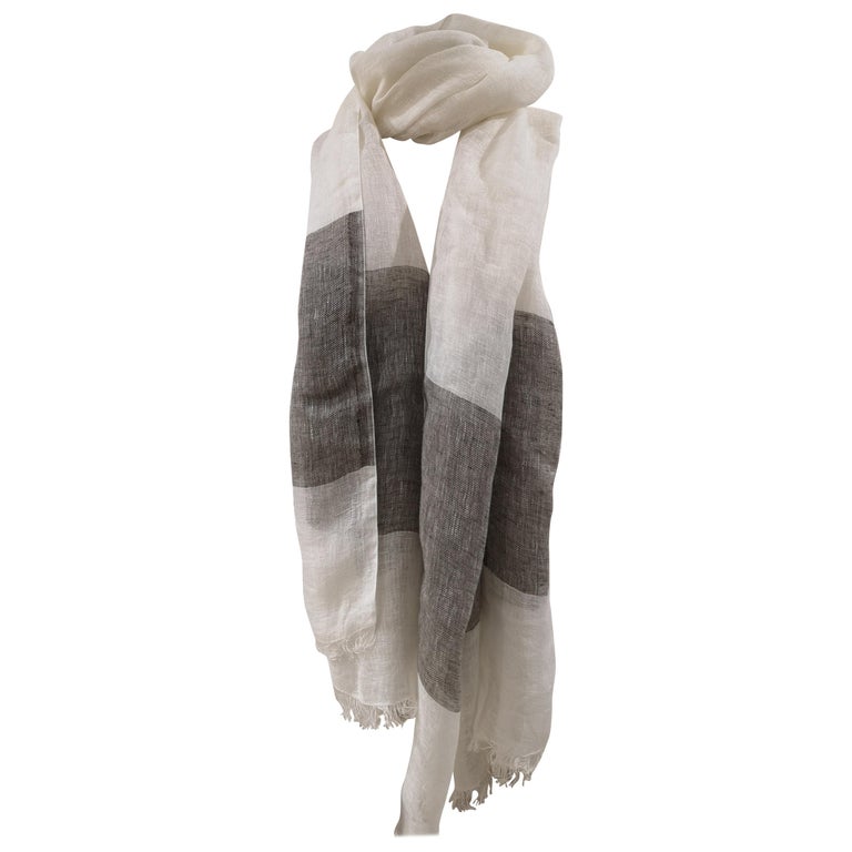 Vintage white and grey linen scarf - foulard at 1stDibs