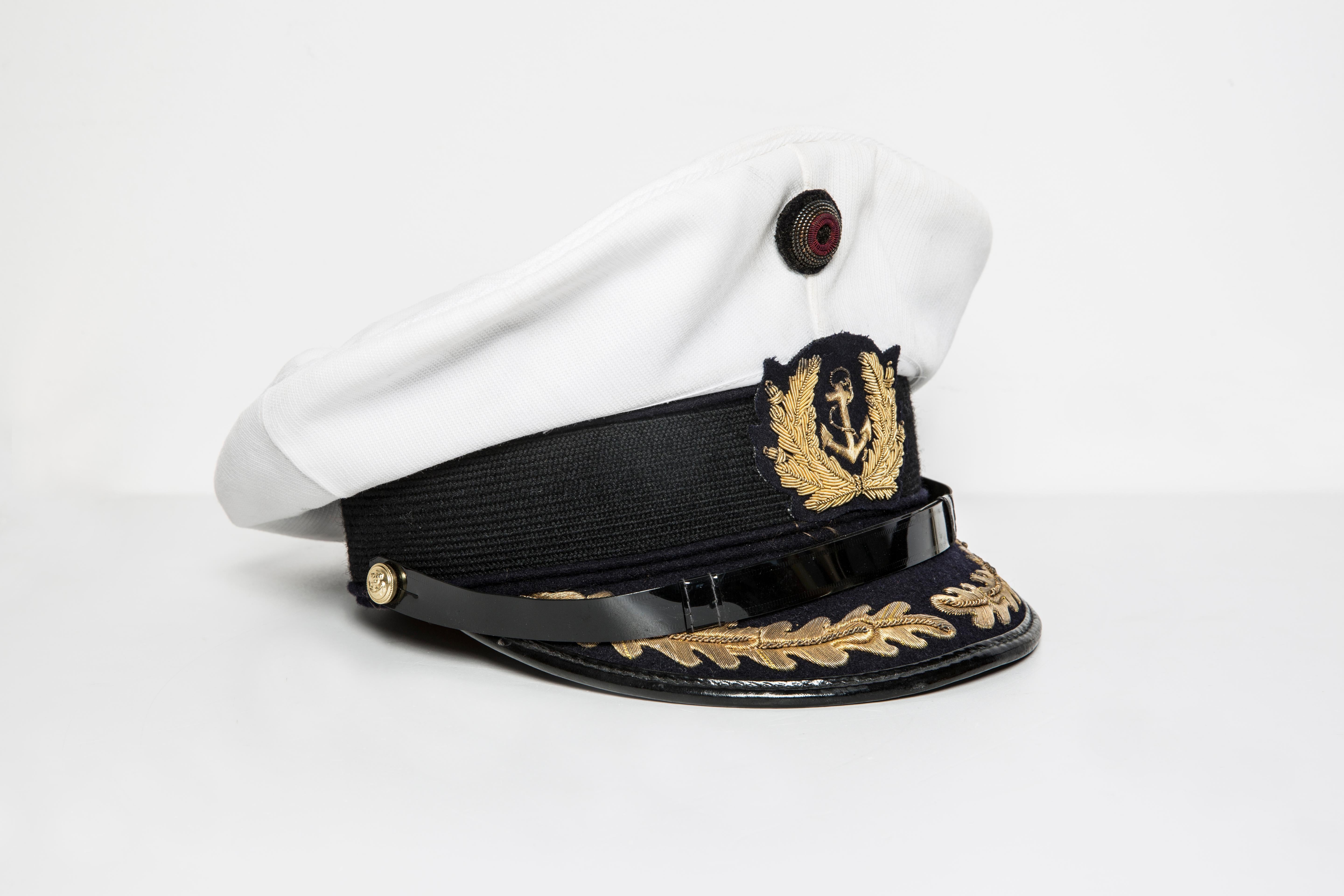 Mid-Century Modern Vintage White and Navy Blue Capitan Hat, Europe, 1977 For Sale