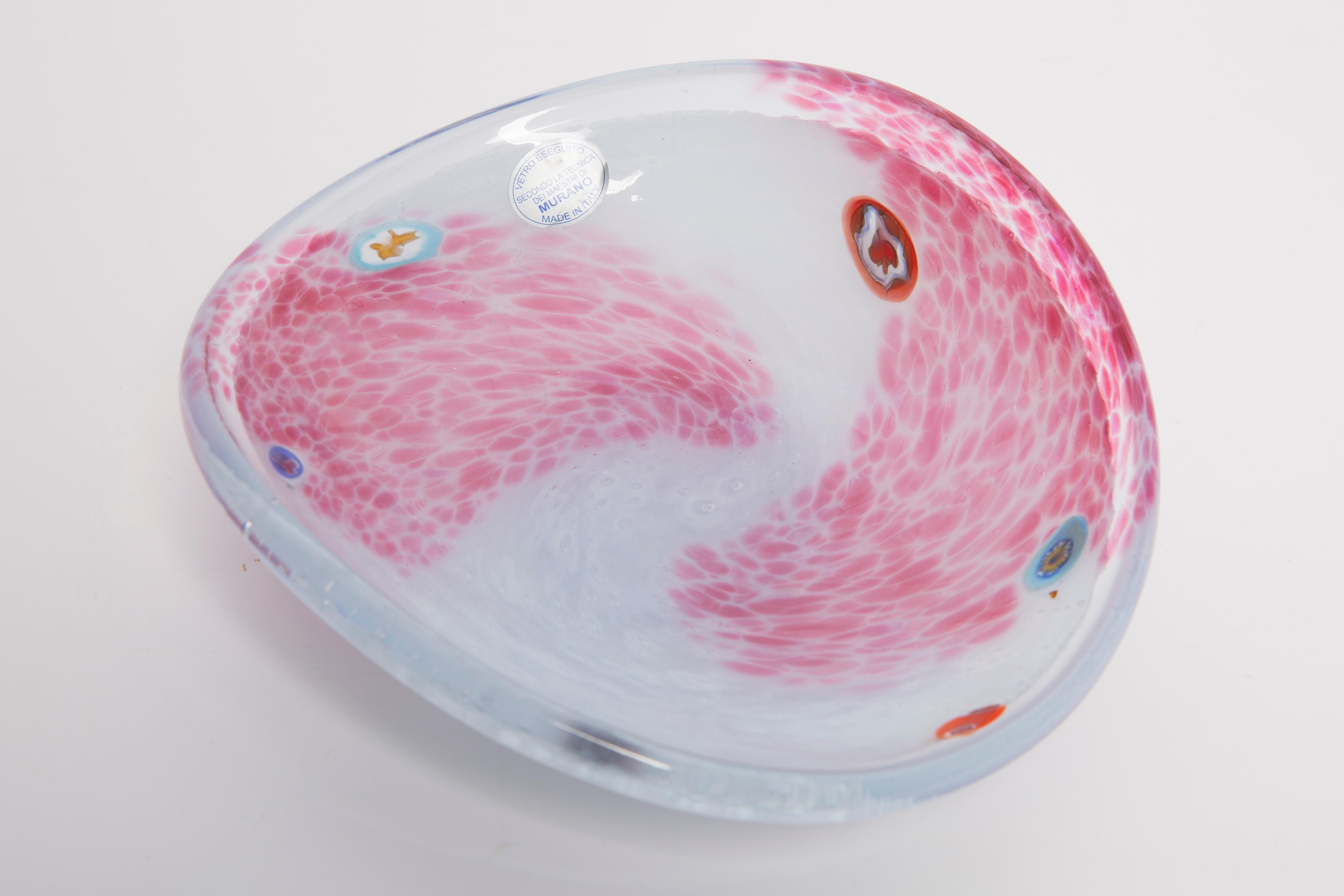 Ceramic Vintage White and Pink Decorative Murano Glass Plate, Italy, 1960s