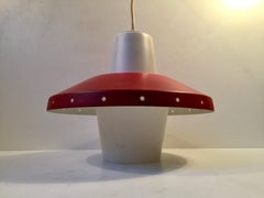Vintage White and Red Pendant Lamp by Bent Karlby for Lyfa, 1950s