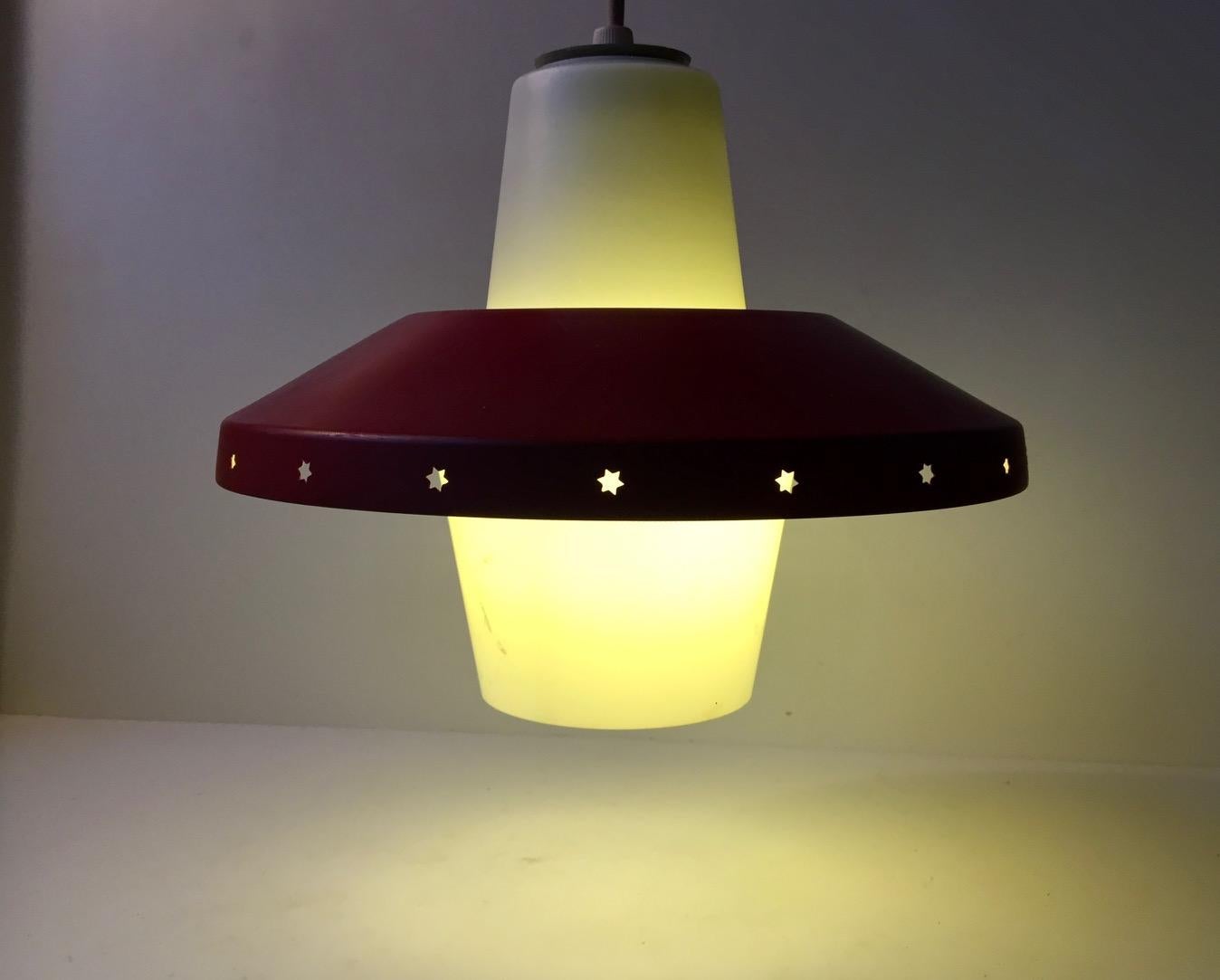 Mid-Century Modern Vintage White and Red Pendant Lamp by Bent Karlby for Lyfa, 1950s For Sale