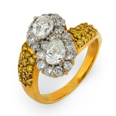 Vintage white and yellow diamond 18k gold bypass ring