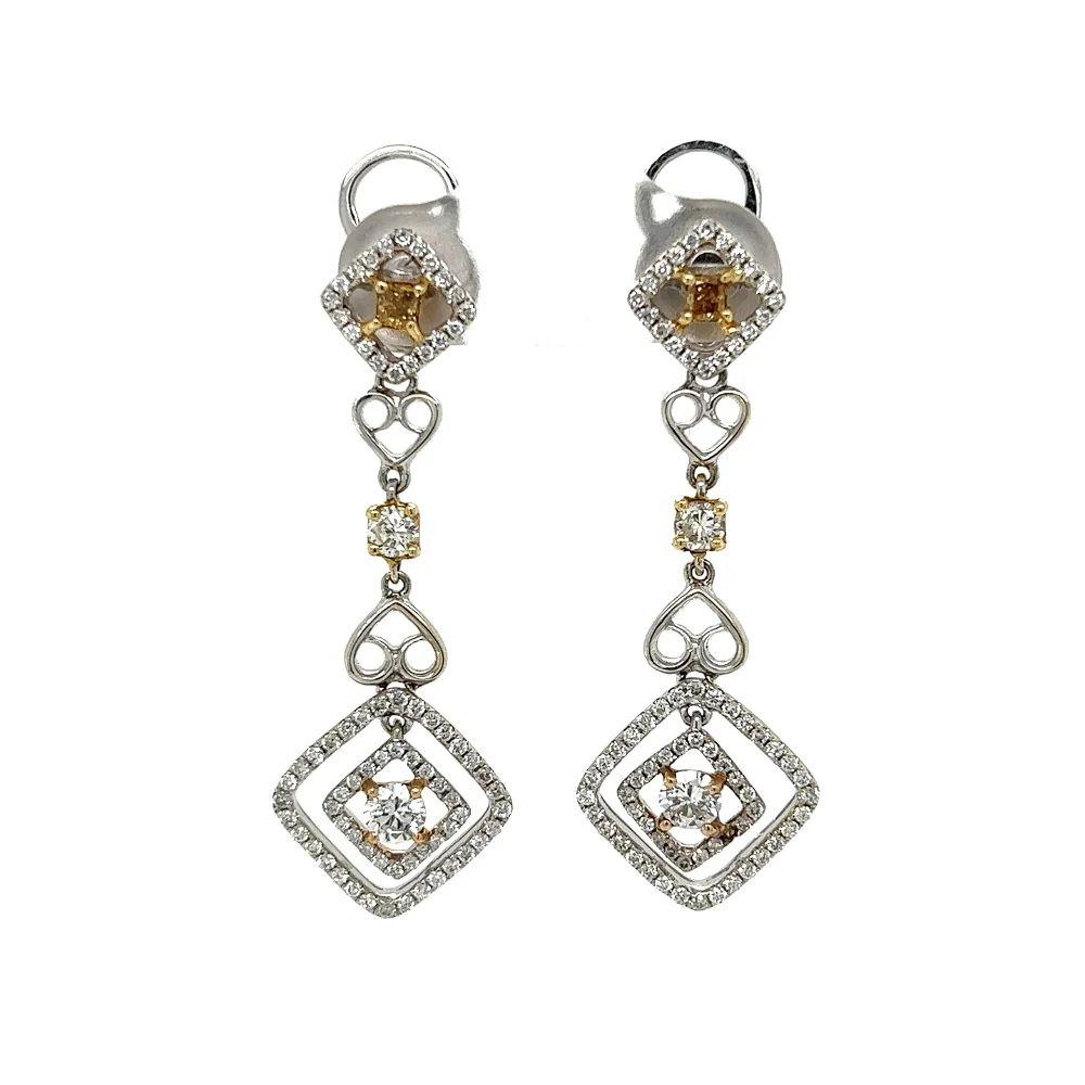 Round Cut Vintage White and Yellow Diamond 2-Tone Gold Drop Earrings For Sale