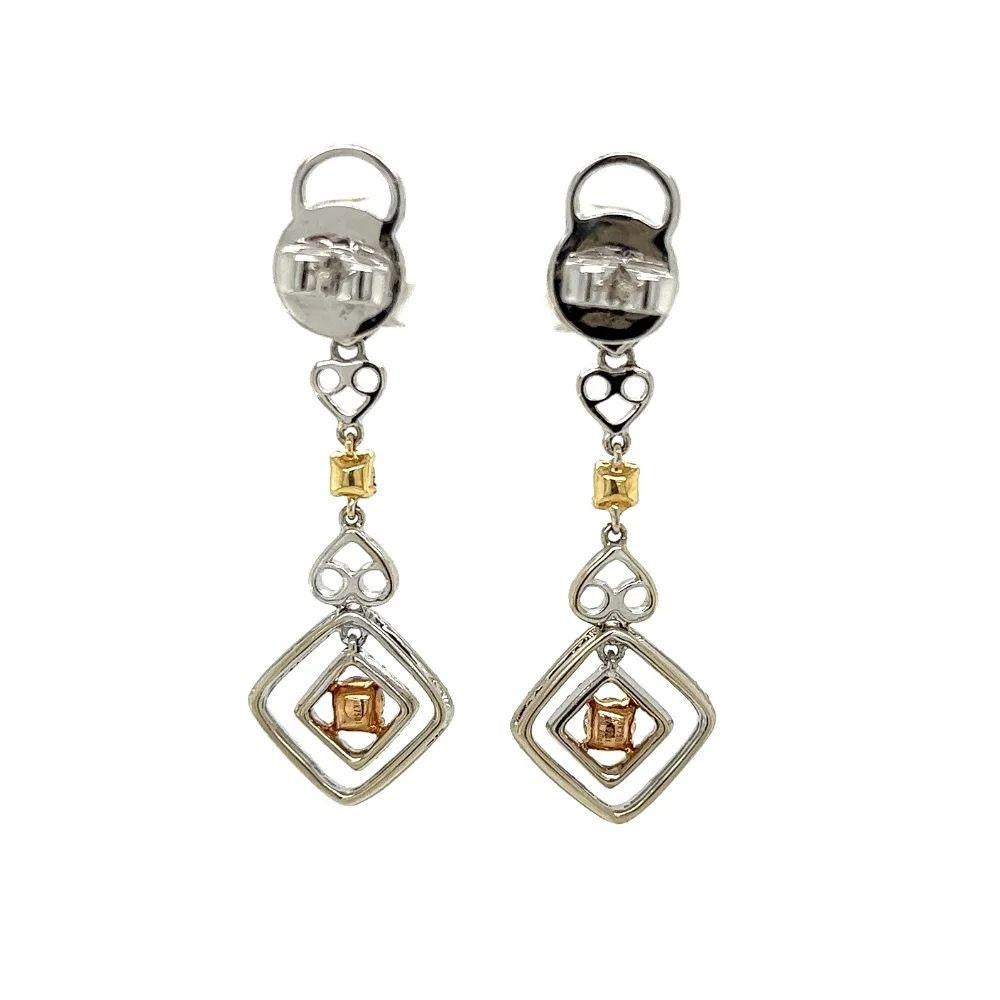 Vintage White and Yellow Diamond 2-Tone Gold Drop Earrings In Excellent Condition For Sale In Montreal, QC