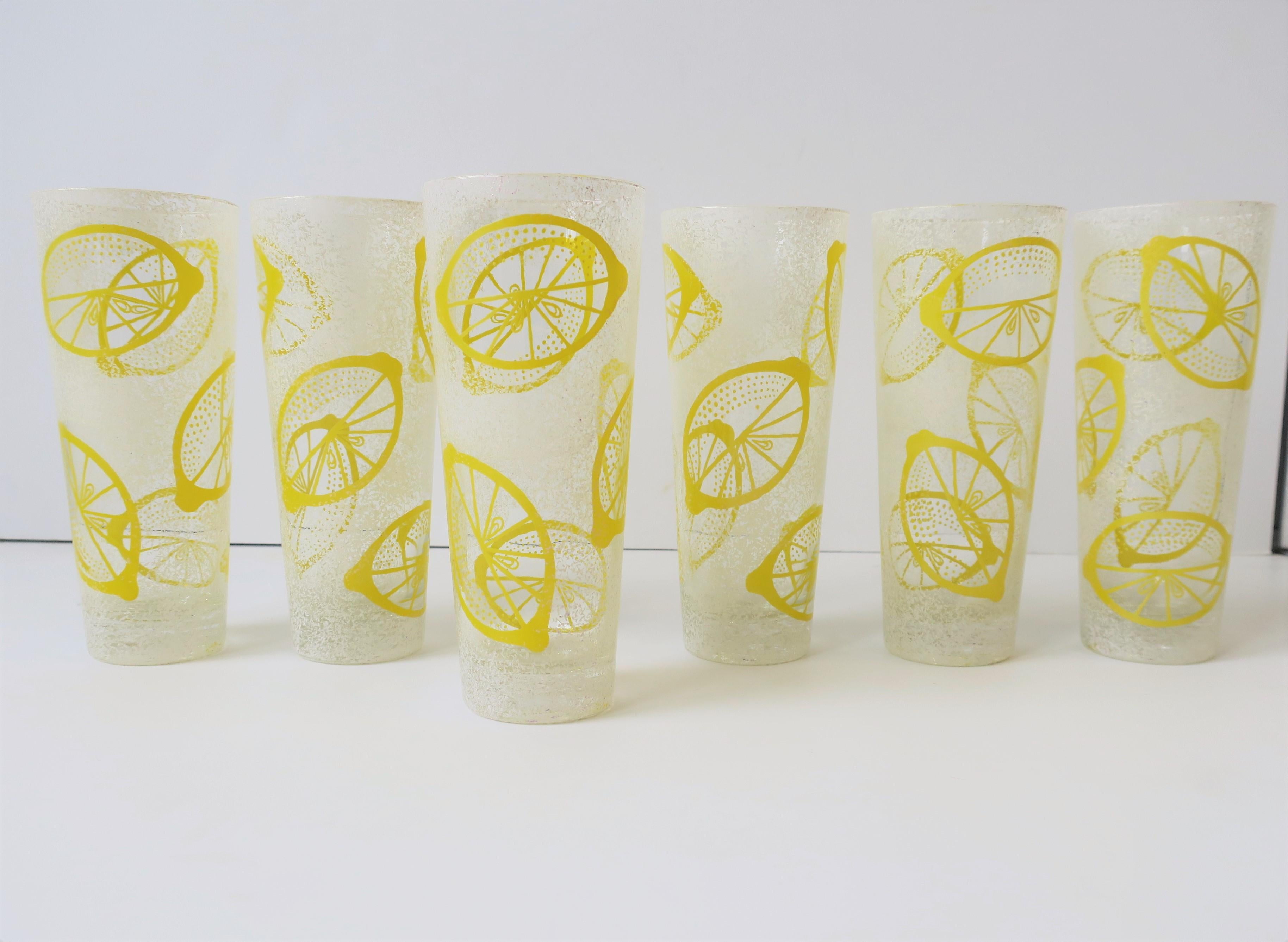 Polychromed Lemon Fruit Highball Cocktail Rocks' Glasses Yellow and White Design, Set of 6 For Sale