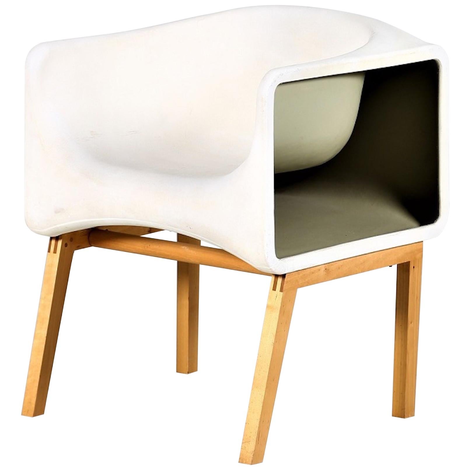 Vintage White Armchair Fiberglass and Wood by Felice Rossi, 1970s
