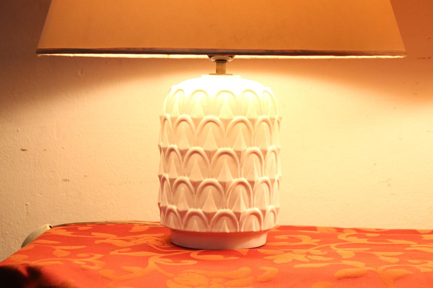 Italian Vintage White Bineapple Ceramic Pair of Table Lamp, 1970s