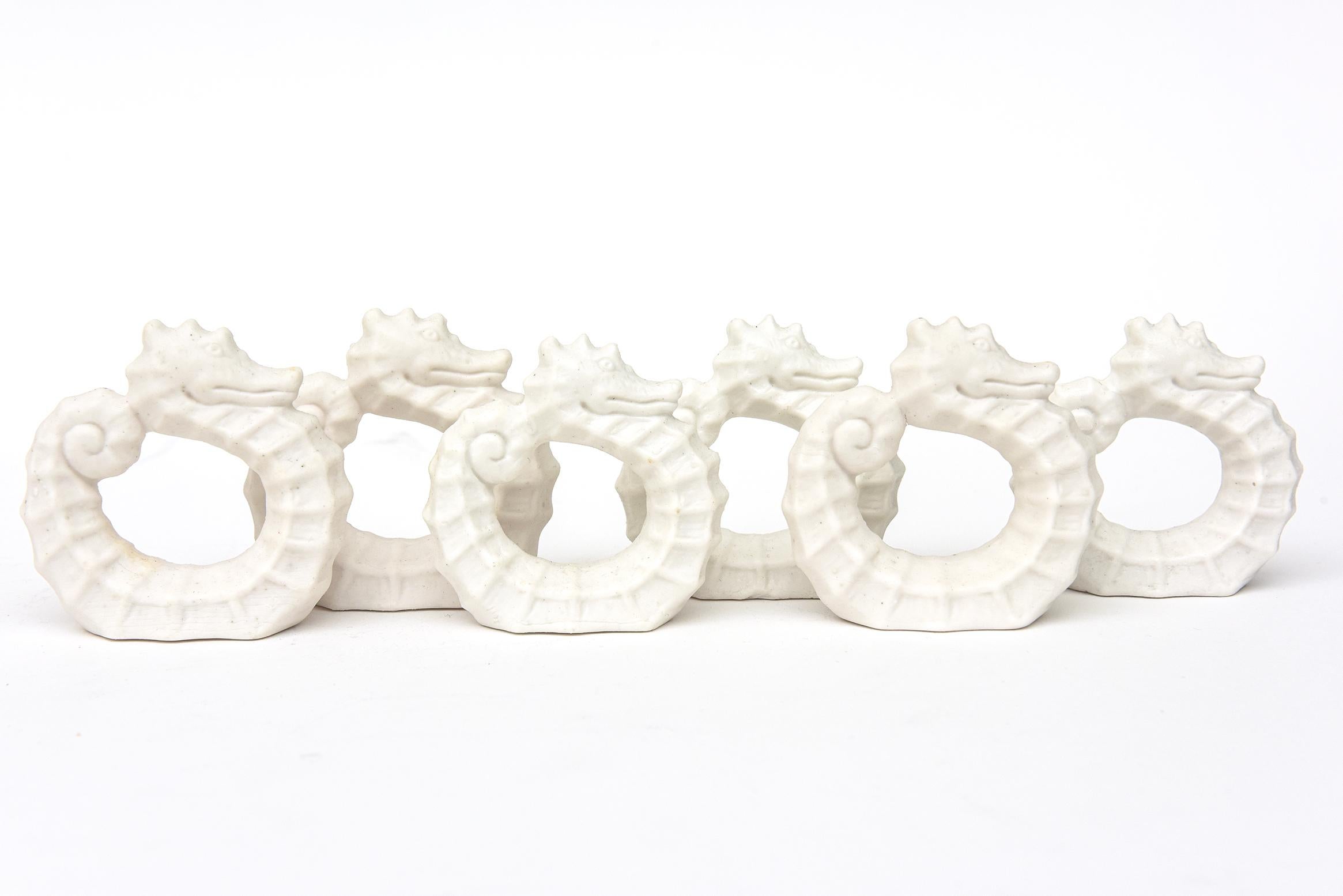 This set of 6 vintage white bisque matt porcelain seahorse napkin rings are in their original box and were never used. They are hallmarked on the bottom Shafford Japan.
Great for your entertaining and table scape. The seahorse is very desirable in