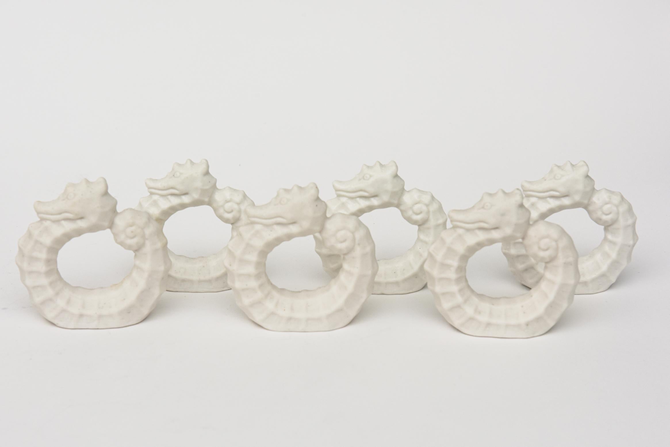 Mid-Century Modern Vintage White Bisque Matt Porcelain Sea Horse Napkin Rings Set of 6 For Sale