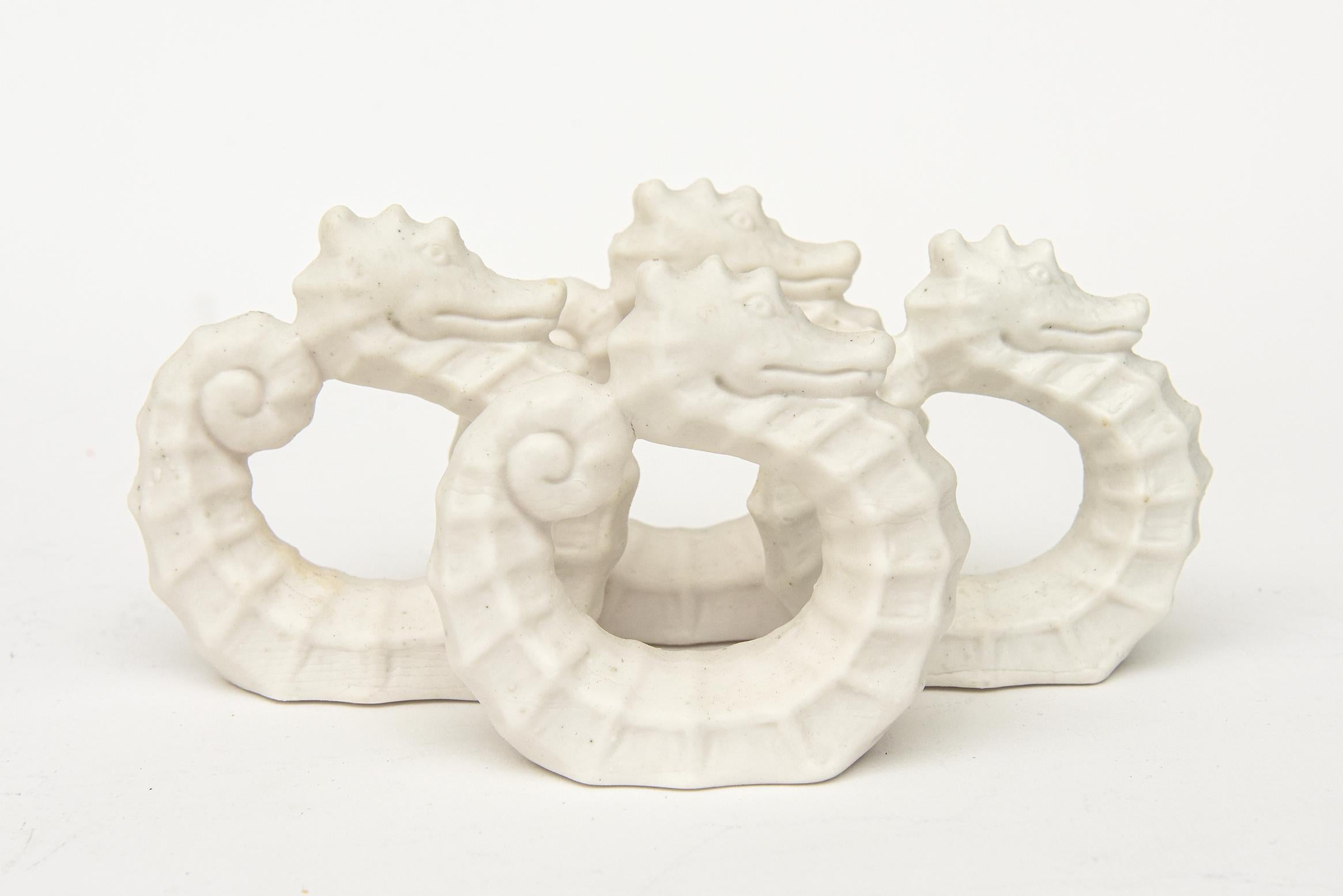 Japanese Vintage White Bisque Matt Porcelain Sea Horse Napkin Rings Set of 6 For Sale