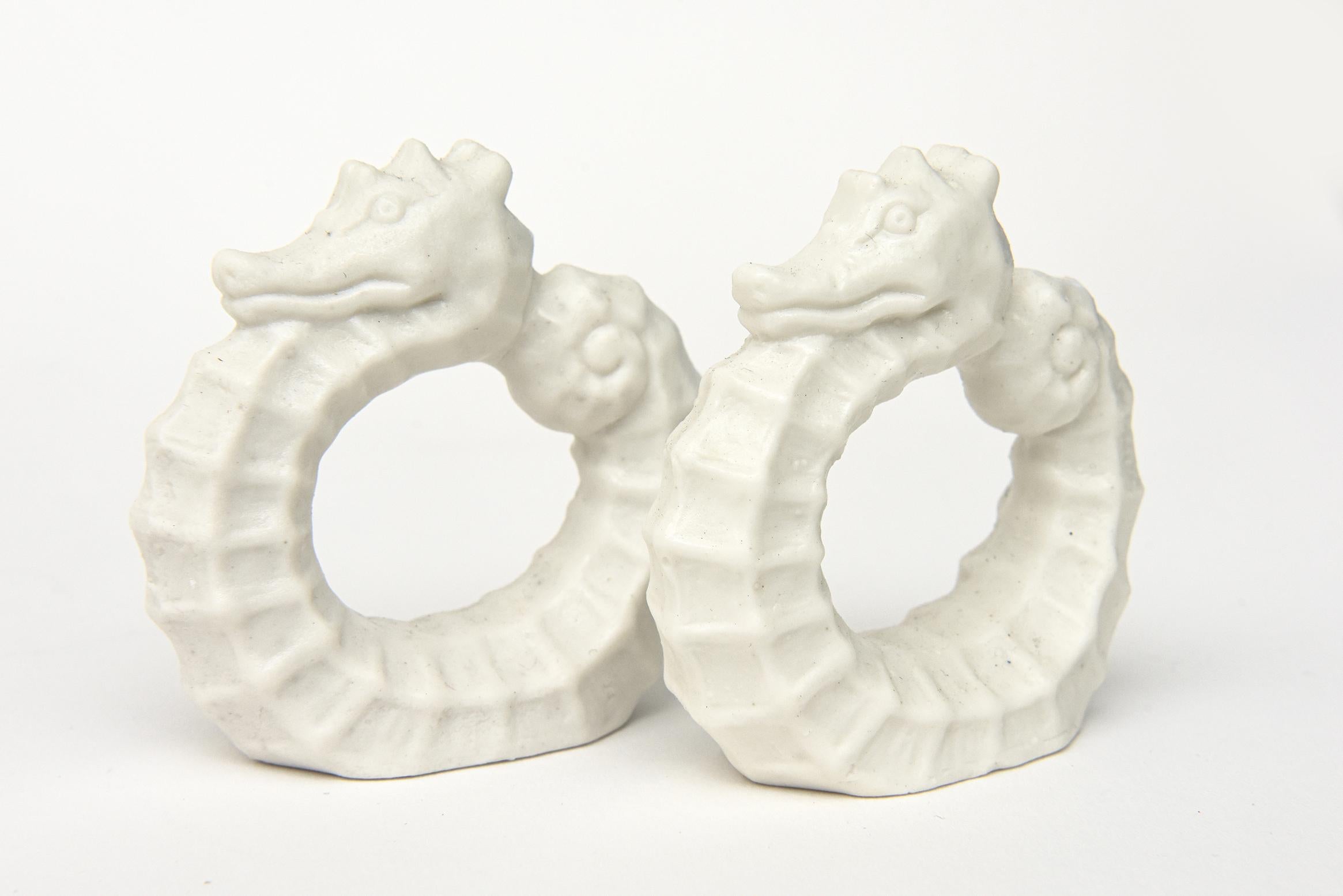 Vintage White Bisque Matt Porcelain Sea Horse Napkin Rings Set of 6 In Good Condition For Sale In North Miami, FL