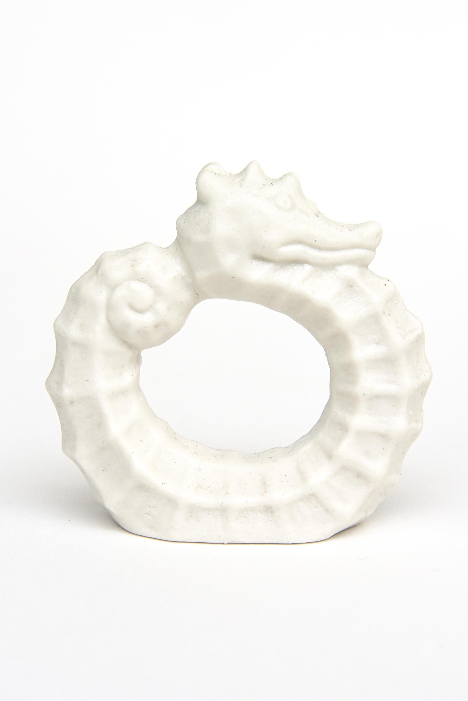 Mid-20th Century Vintage White Bisque Matt Porcelain Sea Horse Napkin Rings Set of 6 For Sale