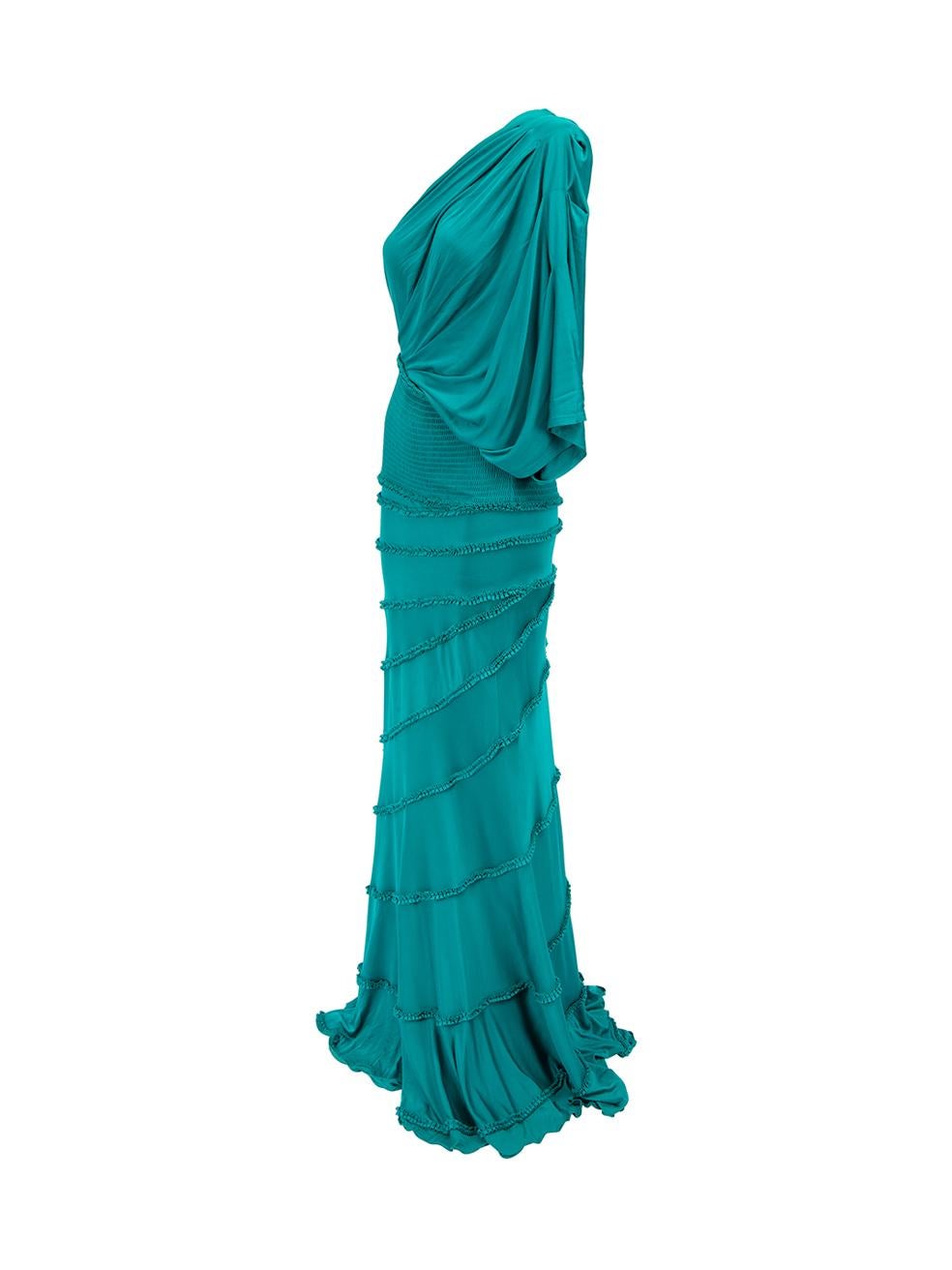 Turquoise One Shoulder Ruffle Detail Maxi Dress Size M In Good Condition For Sale In London, GB