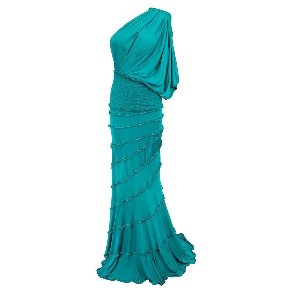 Turquoise One Shoulder Ruffle Detail Maxi Dress Size M For Sale