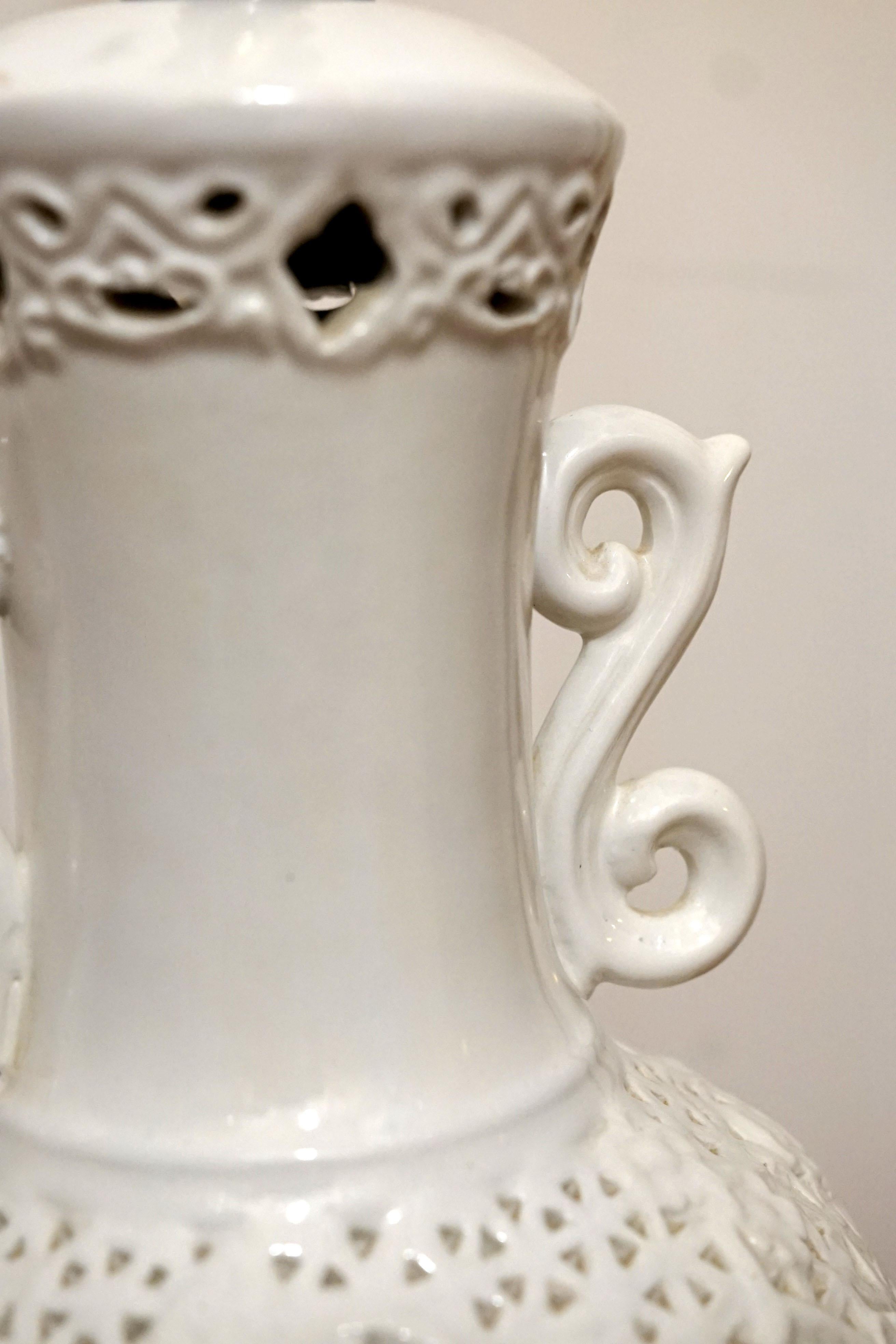Porcelain Vintage White Blanc de Chine Baluster form Pierced Table Lamp and Shade For Sale