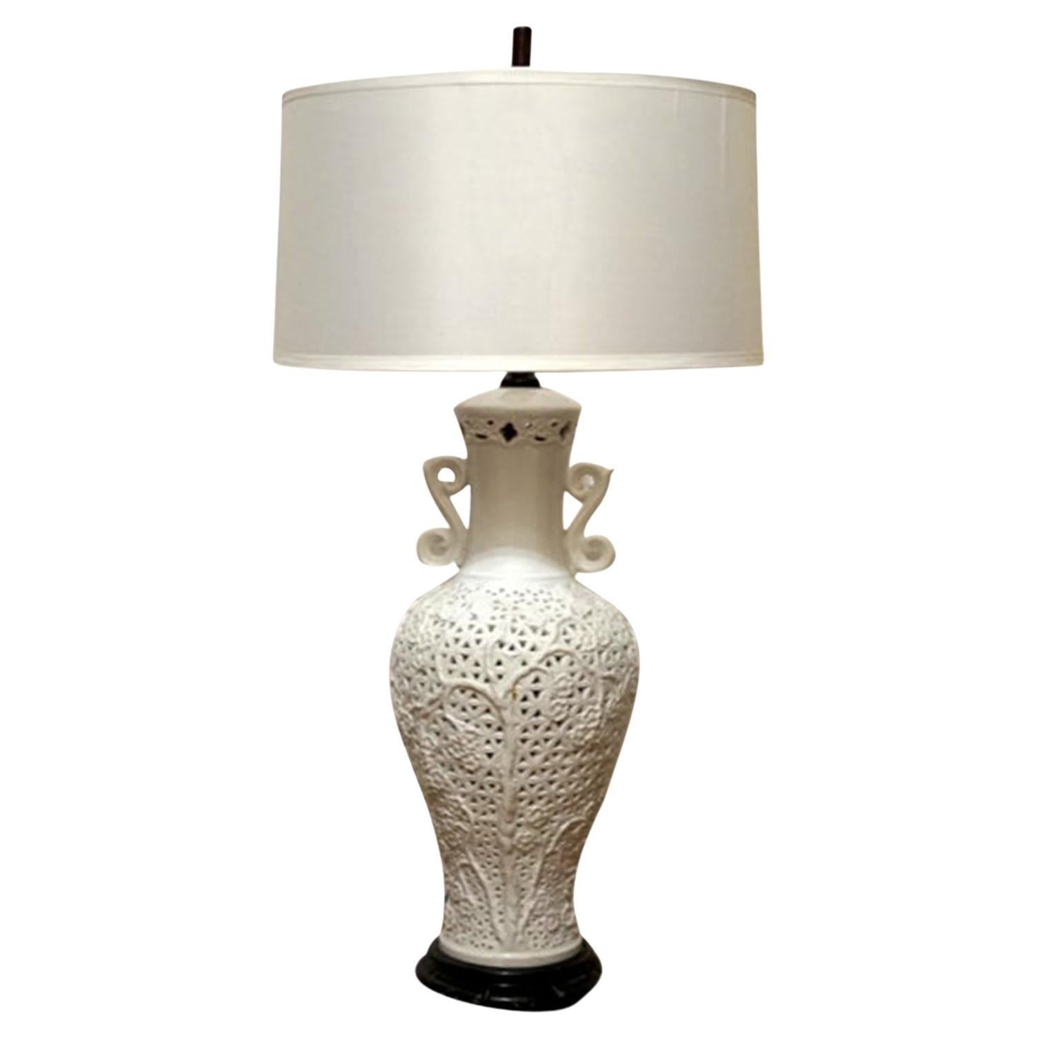 Vintage White Blanc de Chine Baluster form Pierced Table Lamp and Shade For Sale