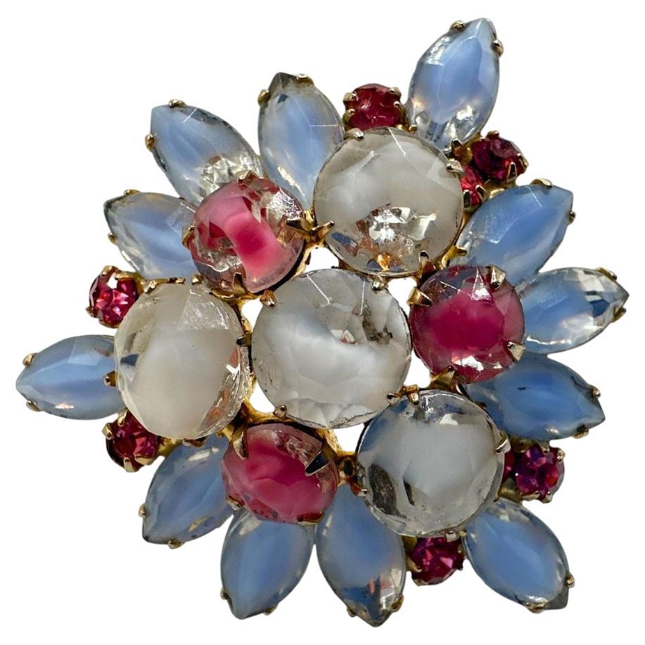 Vintage White Blue & Pink Glass and Rhinestone Brooch  For Sale