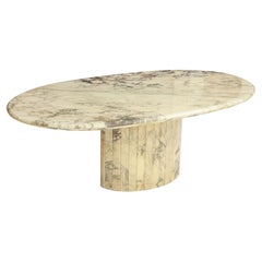 Vintage White Brown Grey Oval Marble Dining Table, Mid-Century, France, 1970s