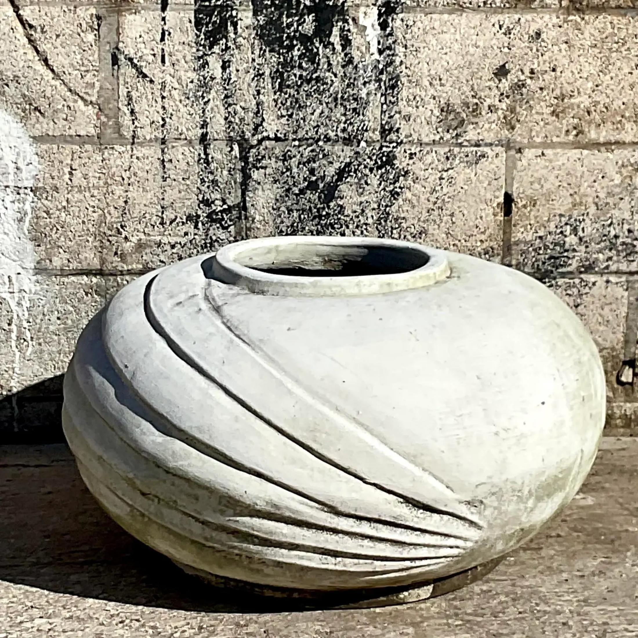 American Vintage White Cement Planter With Ridges For Sale
