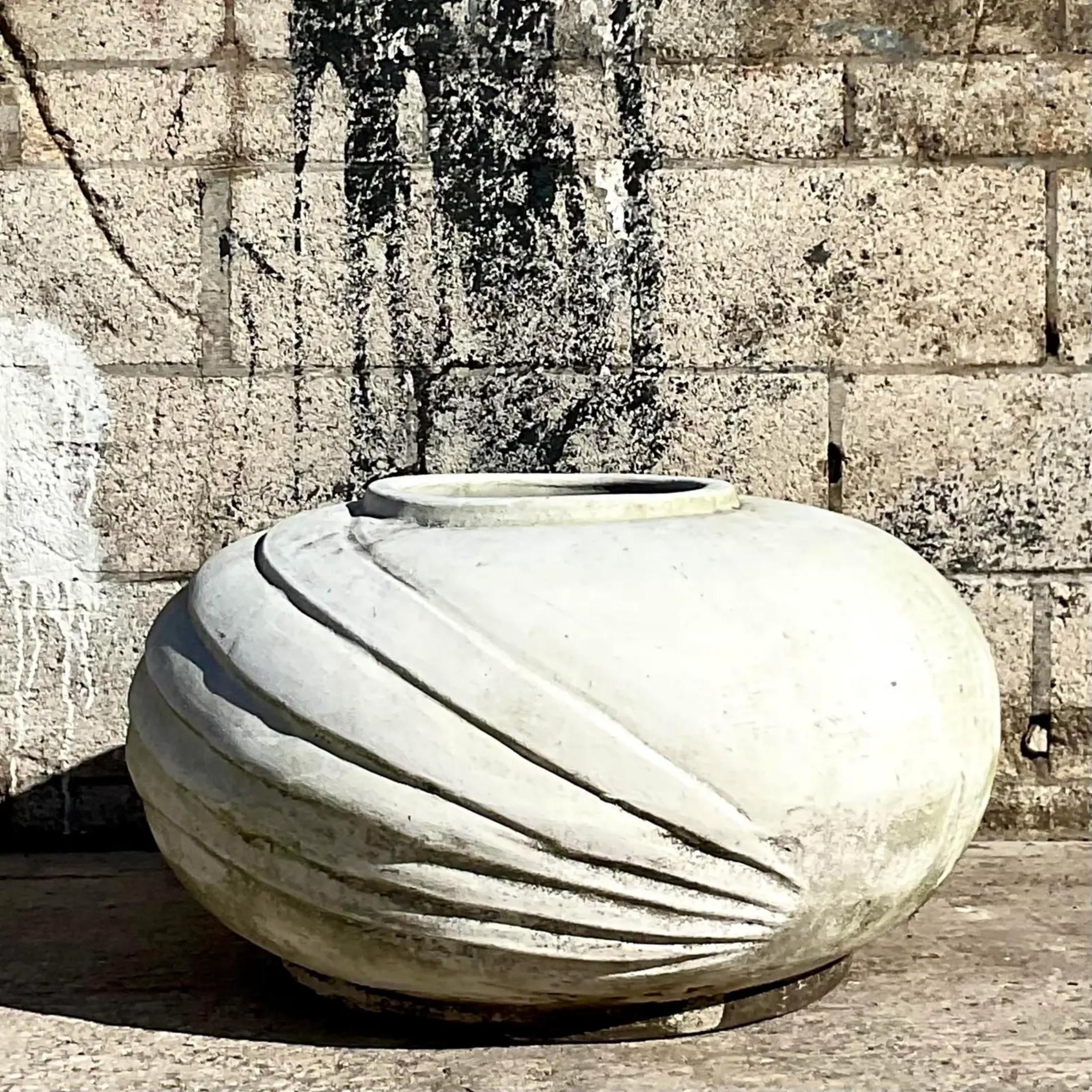 Contemporary Vintage White Cement Planter With Ridges For Sale