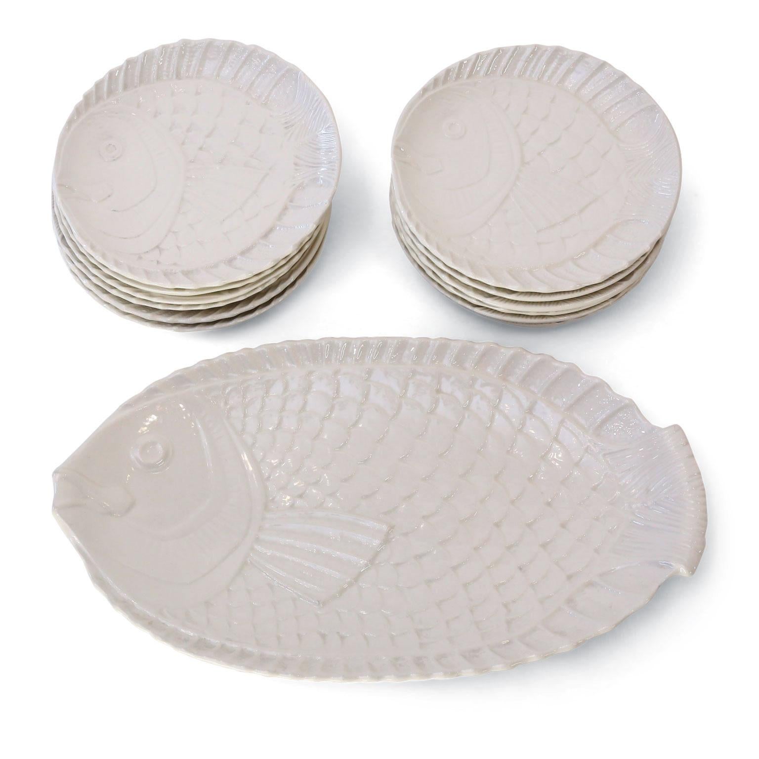 French Provincial Vintage White Ceramic 'Fish' Plateware For Sale