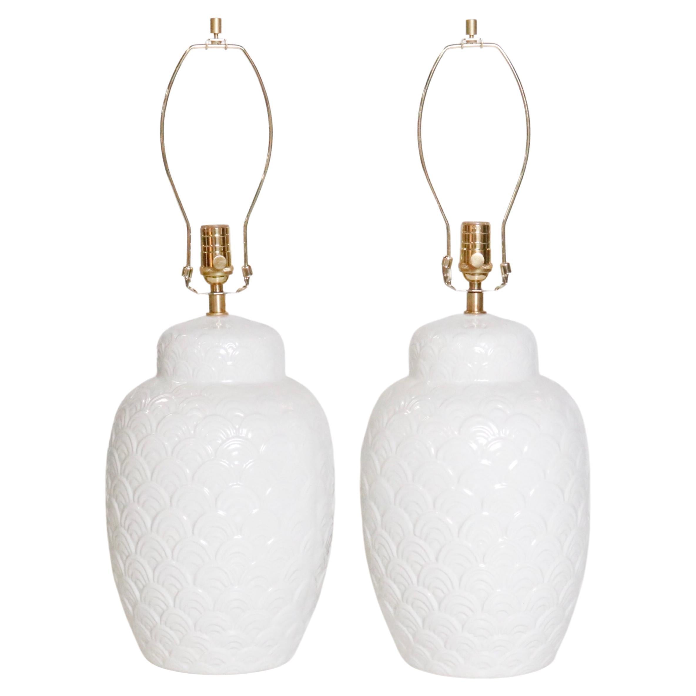 Vintage White Ginger Jar Ceramic Table Lamps, a Pair For Sale