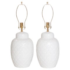 Lampade da tavolo in ceramica Ginger Jar bianche d'epoca, una coppia